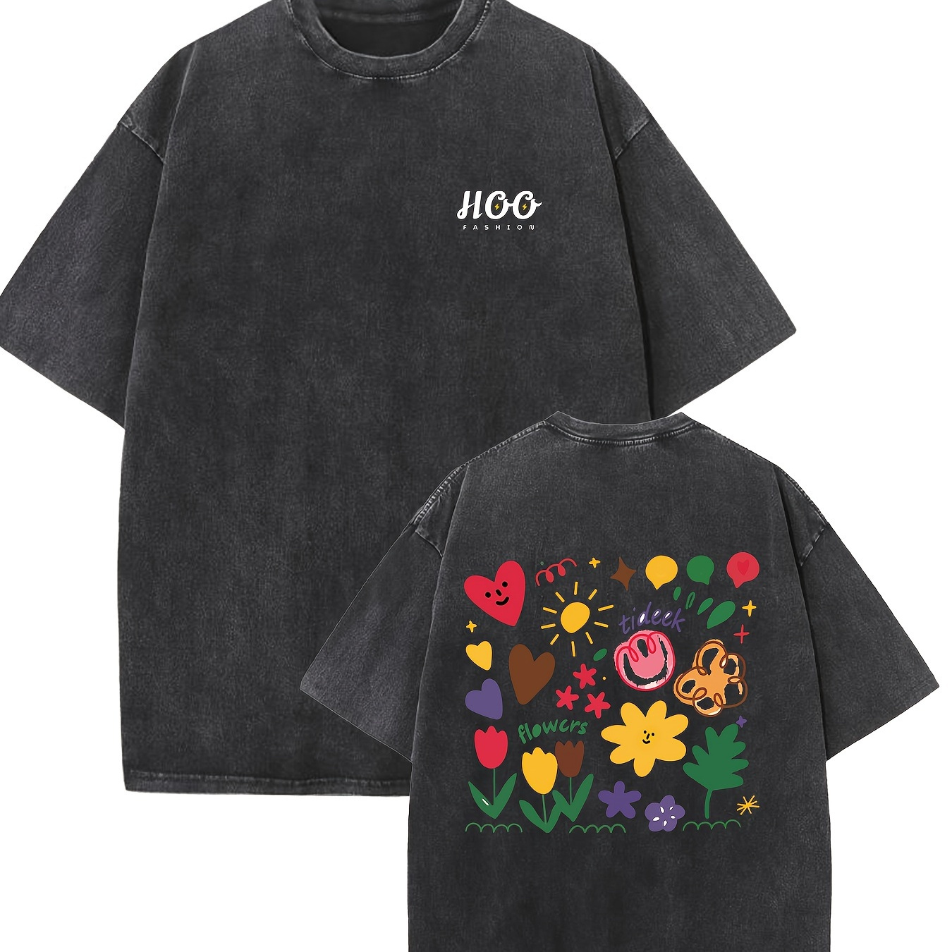 

flowers " Print Oversized Cotton Solid Drop Shoulder T Shirts Formen Vintage Streetwear Basic Tees Baggy Hip Hop Unisex Tops Acid Wash Tshirt