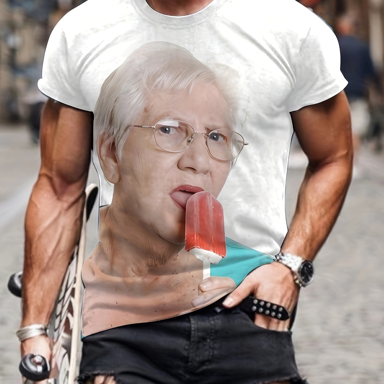 

T-shirt ras du cou et à manches courtes pour homme avec motif de vieille dame mangeant une glace 3D numérique, haut original et élégant pour l'été en plein air et les fêtes