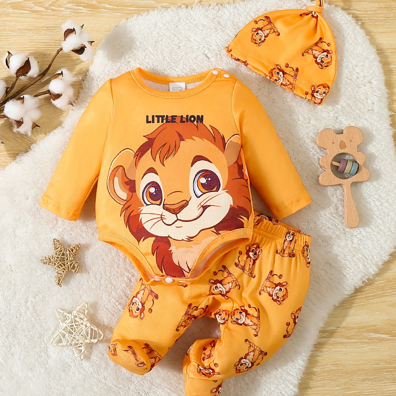 

Baby Boy's 3pcs Casual Outfit, Cartoon Lion Pattern Long Sleeve Triangle Romper & Elastic Waist Footed Pants & Hat