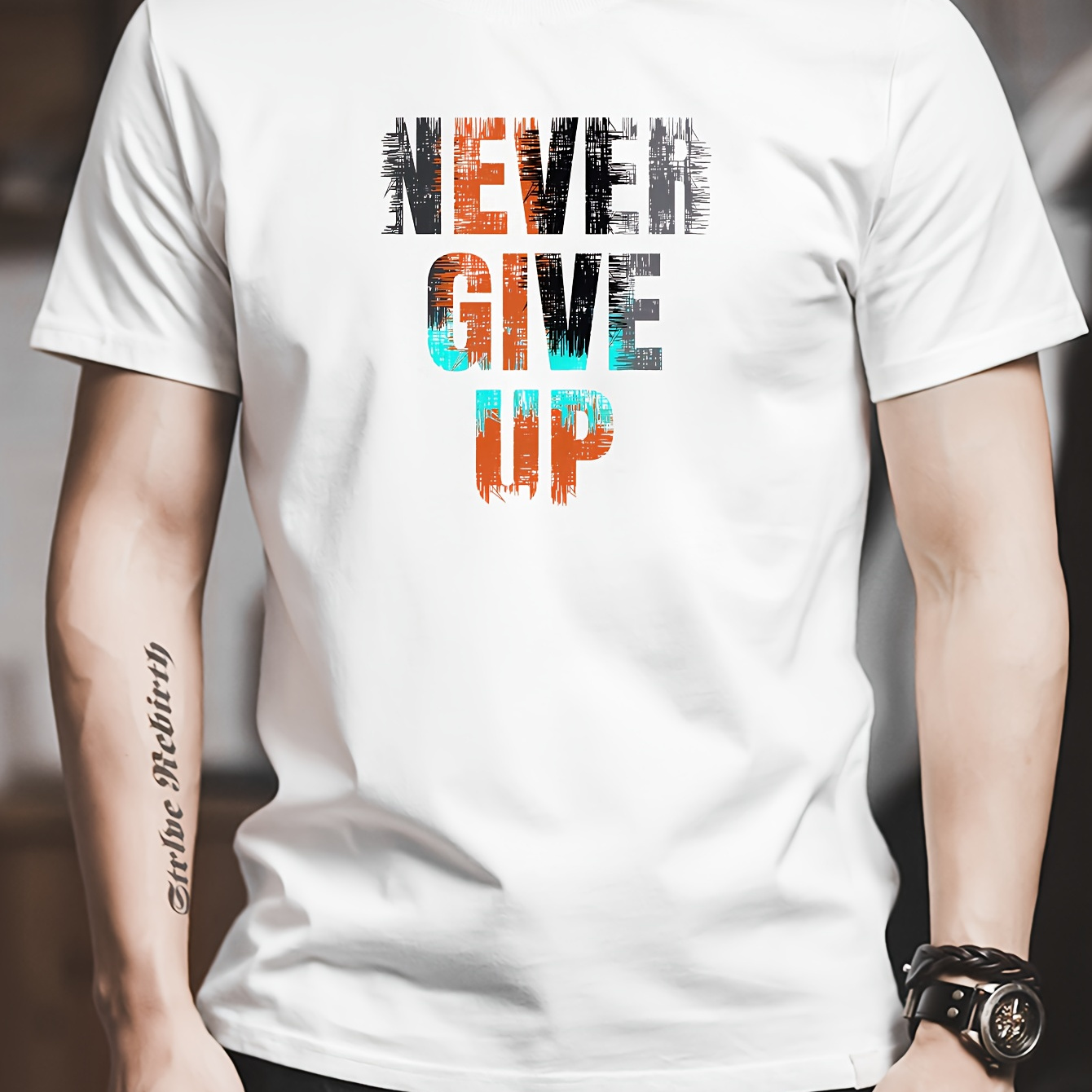 

Men's Pure Cotton T-shirt, 'never Give Up' Letter Print Short Sleeve Crew Neck Tees For Summer, Casual Outdoor Comfy Clothing For Male