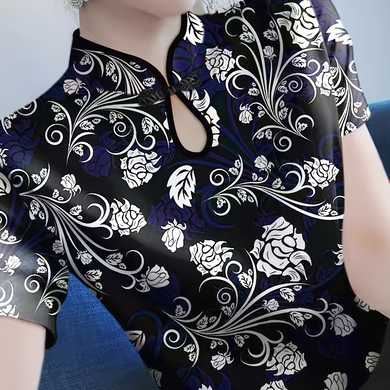 

Floral Print Frog Button Blouse, Vintage Collar Short Sleeve Tang Top, Women's Clothing