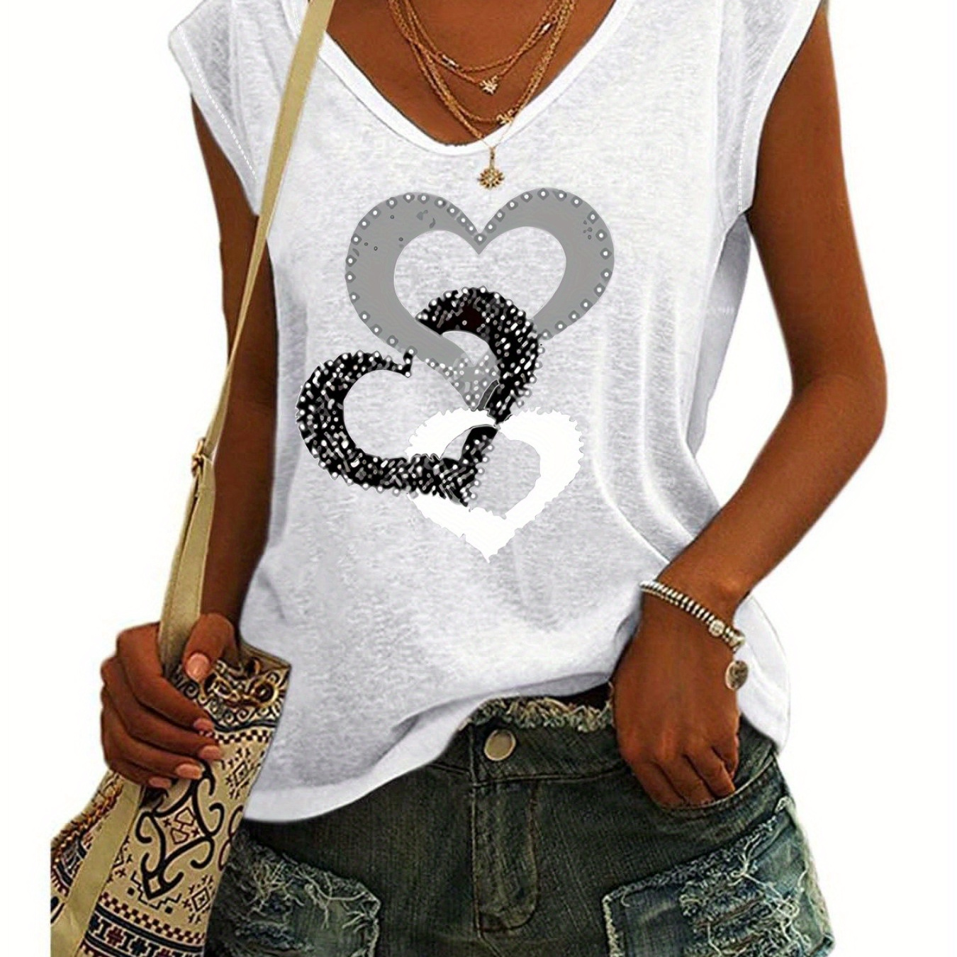 

Hearts Graphic Print Tank Top, Sleeveless Casual Top For Summer & Spring, Women's Clothing
