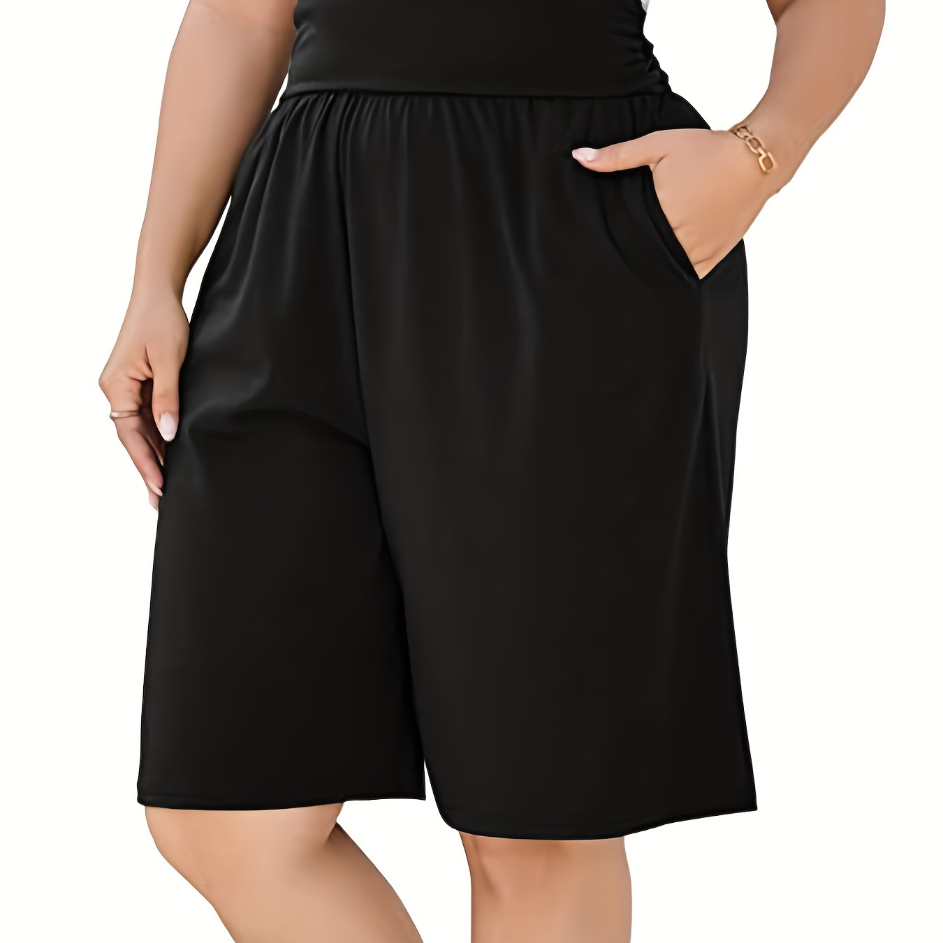 

Plus Size Casual Capri Pants, Women's Plus Solid Waist Band High Stretch Capri Pants