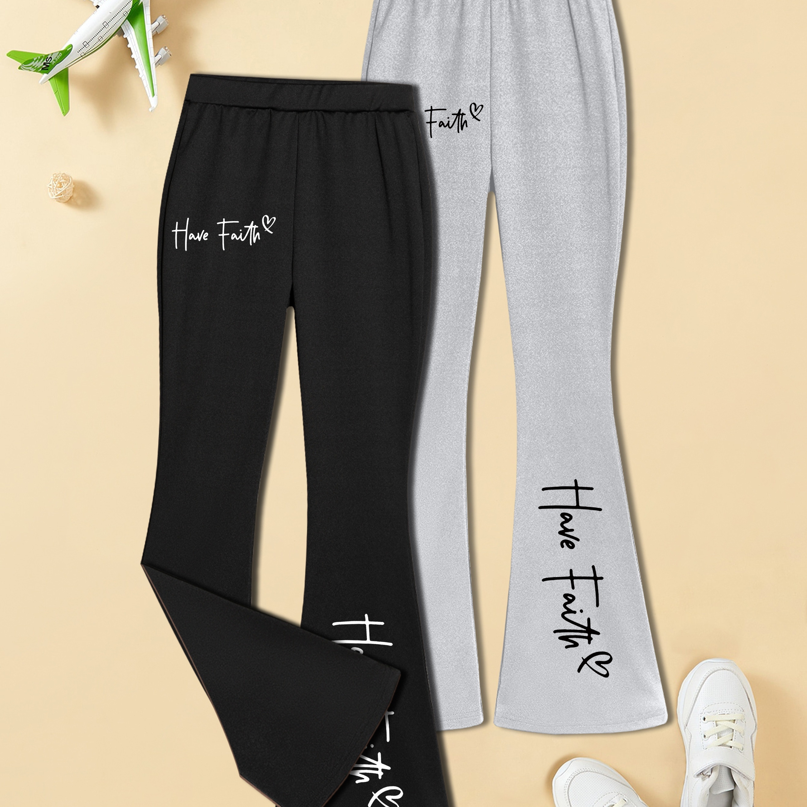 

Multiple Pieces - Girl's 2 Pcs Casual Comfy Straight-leg Knit Stretch Flared Pants With Have Faith Lettering Print For Daily And Outdoor Wear, Autumn And Winter