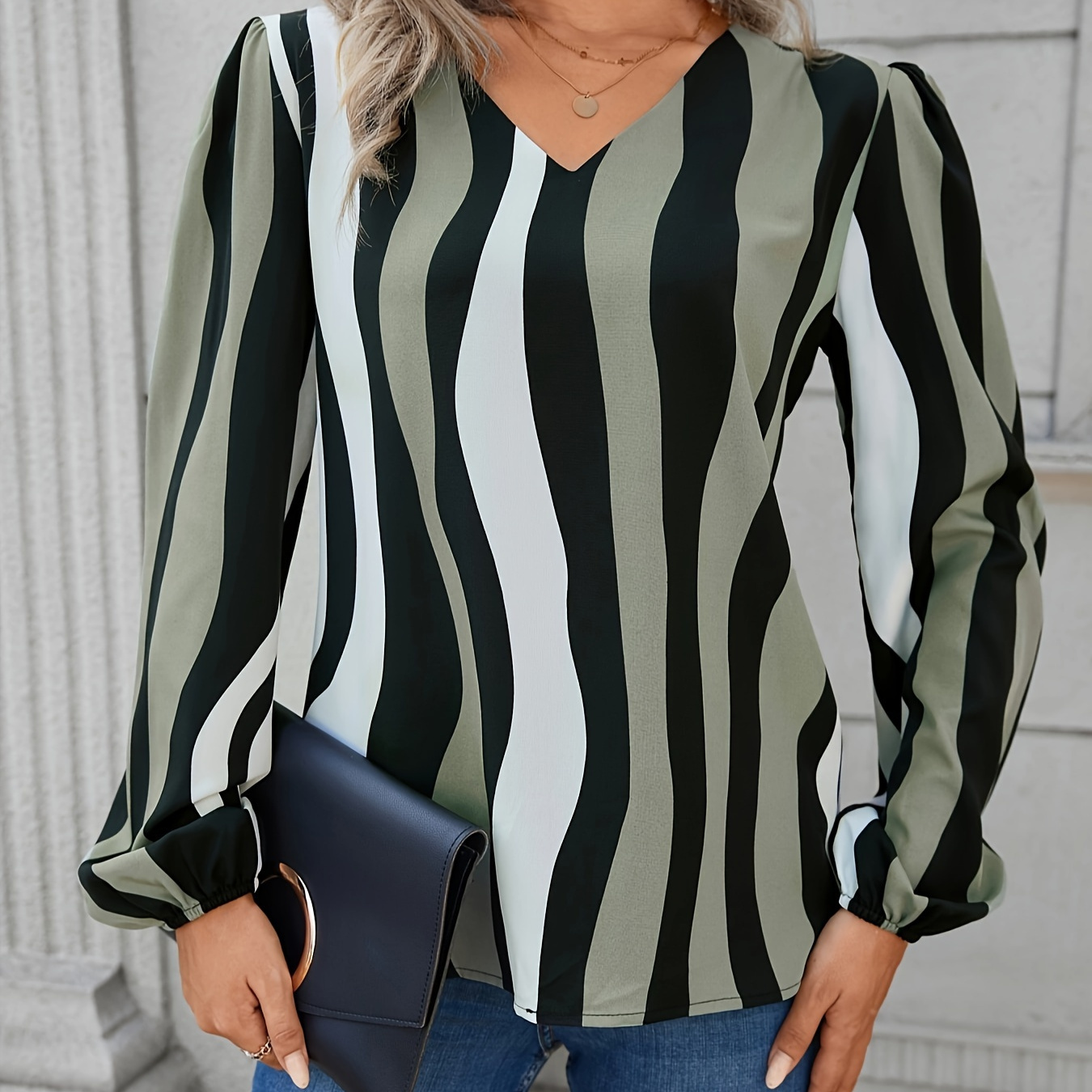 

Striped V Neck Blouse, Casual Long Sleeve Loose Blouse, Women's Clothing