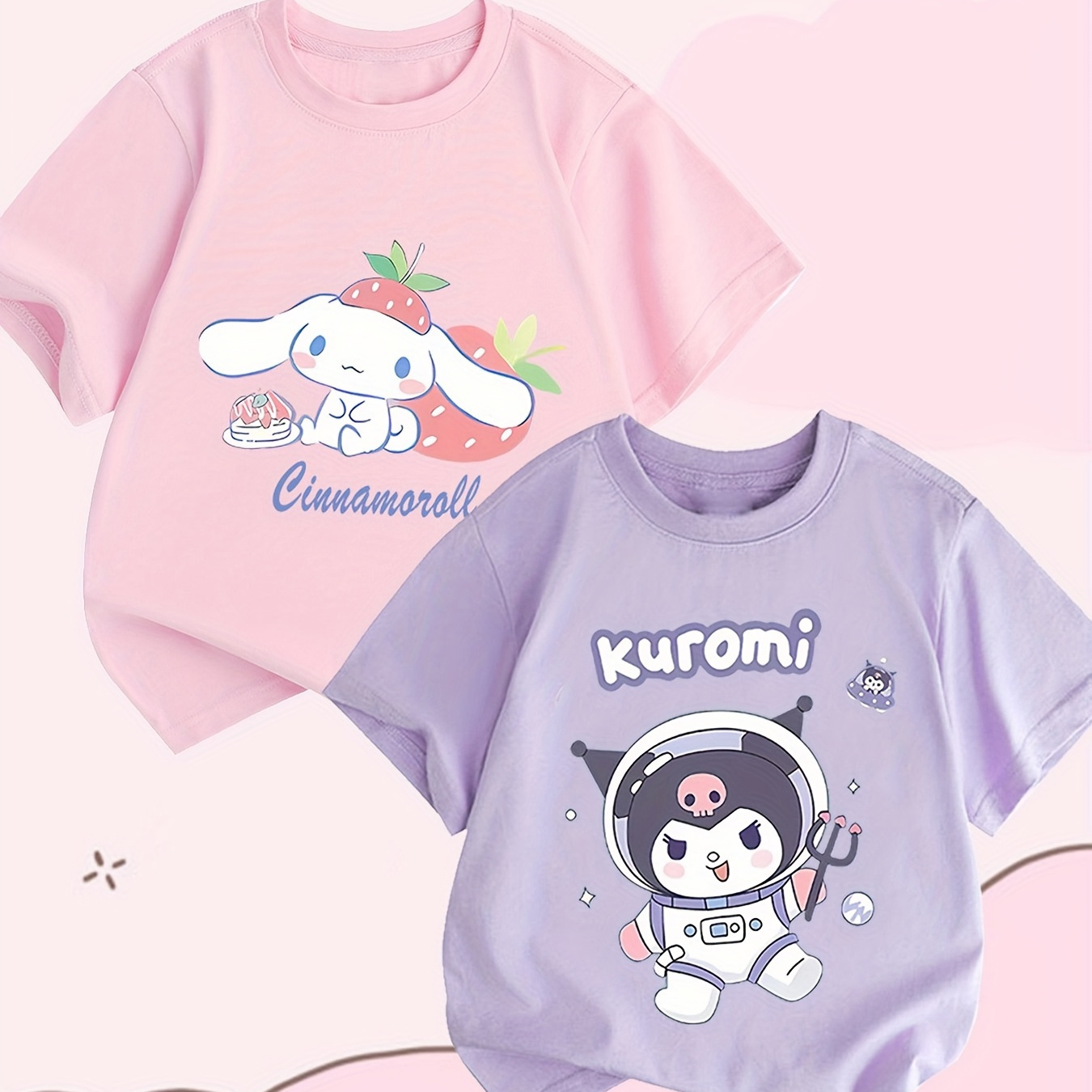 

Cinnamoroll & Kuromi Graphic Print, 2pcs Girls' Crew Neck Short Sleeve Cotton T-shirt, Suitable For Daily Wear