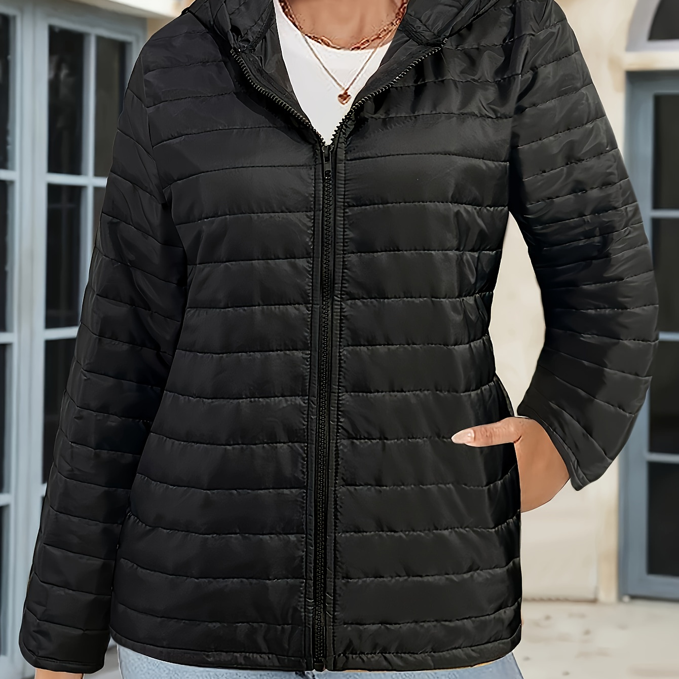 

Solid Color Quilted Long Sleeve Jacket, Casual Full Zip Pocket Hooded For Winter & Fall, Women's Clothing