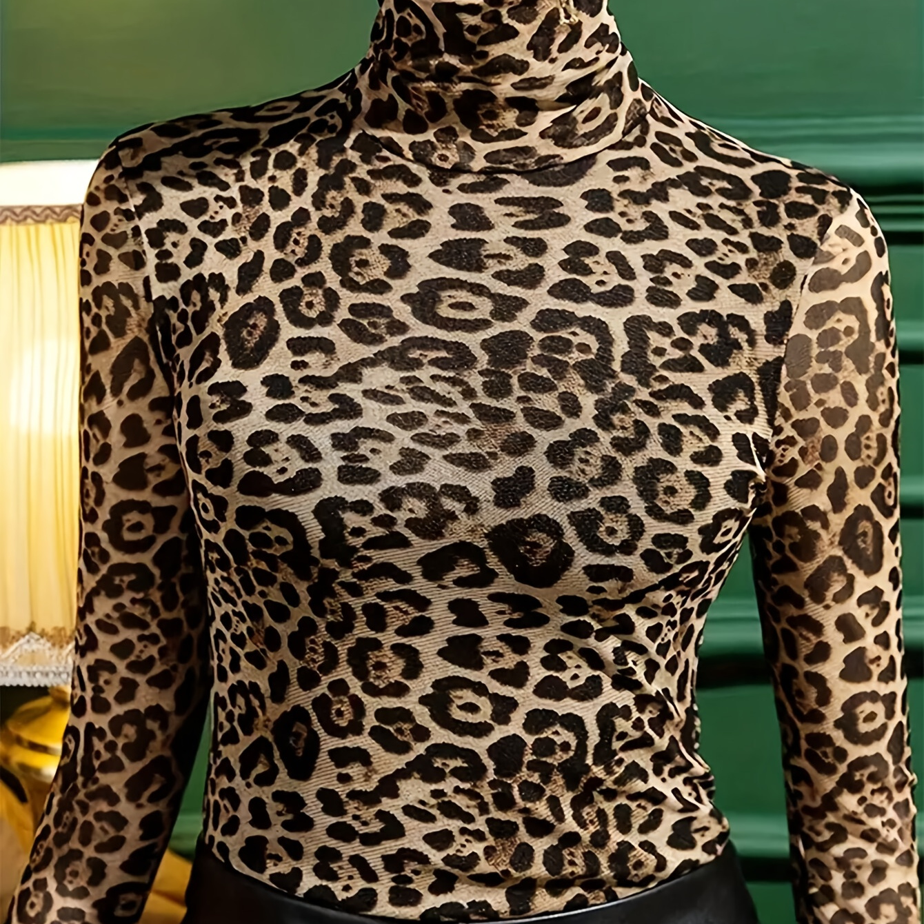 

Elegant Women's High-neck T-shirt With Leopard Print, Polyester And Spandex Blend, Knit Fabric, Regular Fit For All Seasons