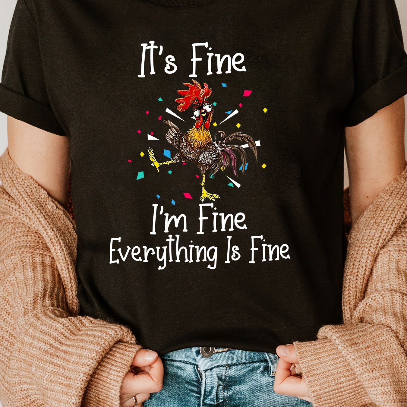 

Chicken Print Crew Neck T-shirt, Casual Short Sleeve T-shirt For Spring & Summer, Women's Clothing