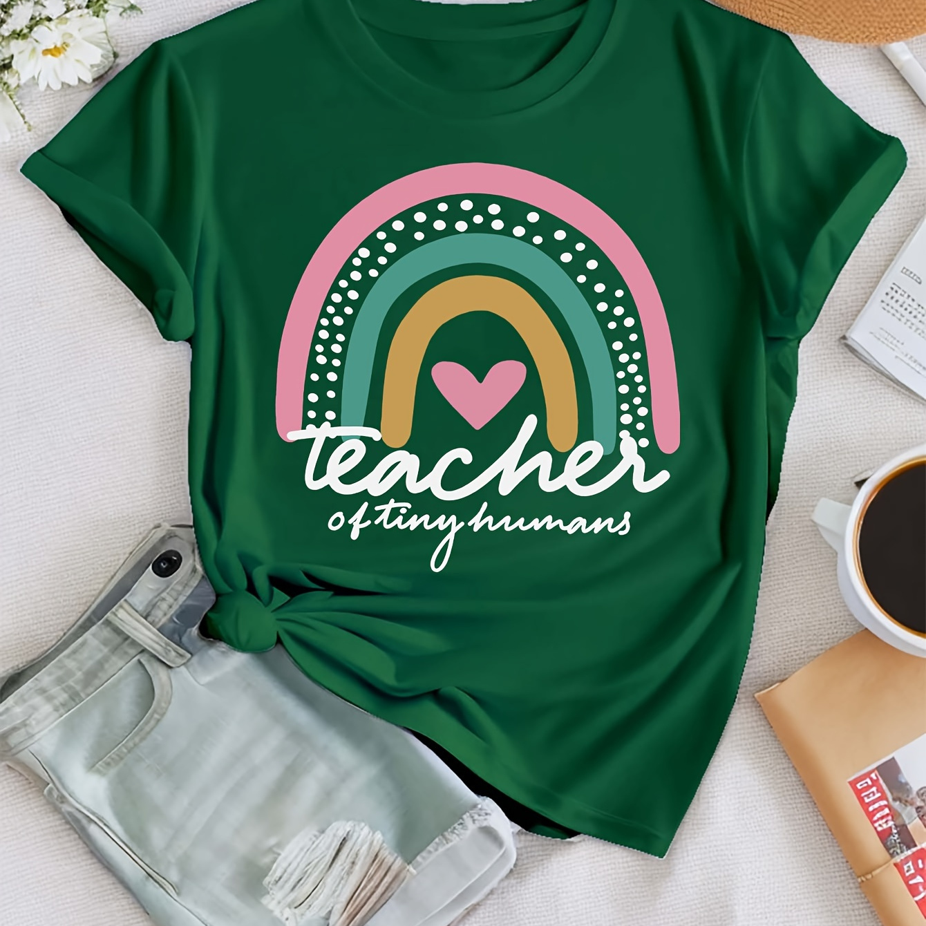 

Rainbow Teacher Print T-shirt, Short Sleeve Crew Neck Casual Top For Summer & Spring, Women's Clothing