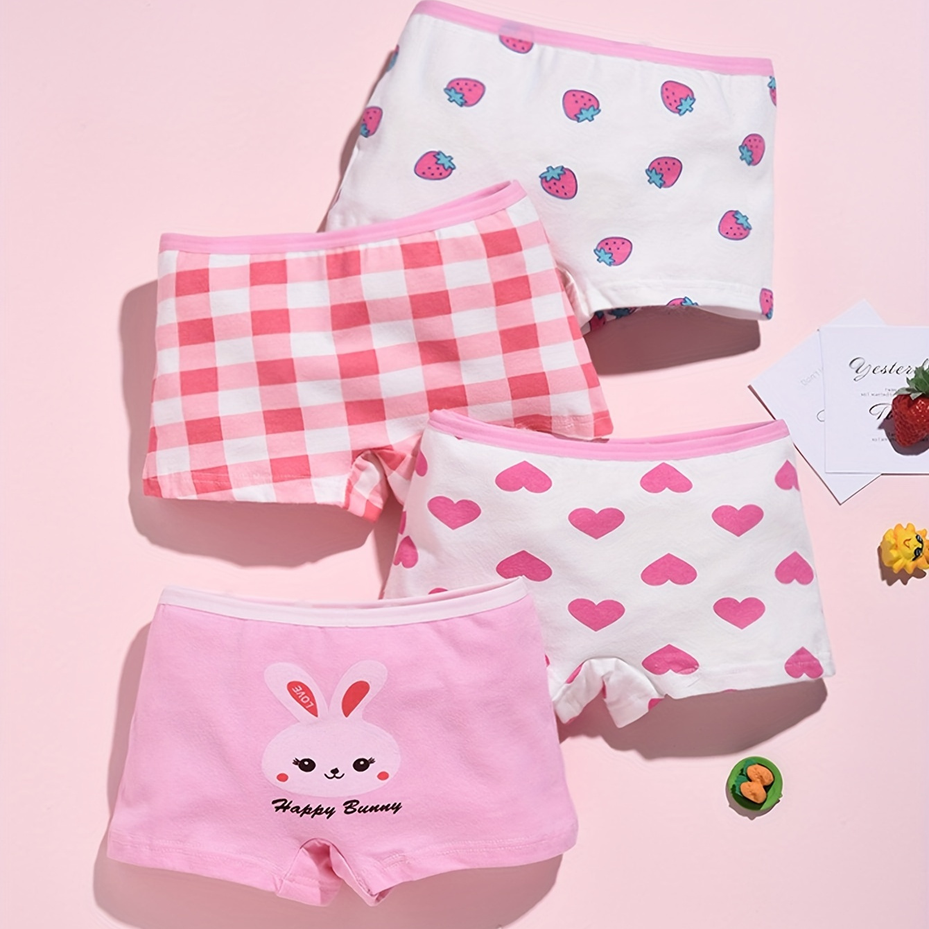 

4pcs Girl's Boxer Briefs, Cute Cartoon Pattern Elastic Waist Shorts, Breathable Comfy Kid's Underwear Kids Clothes