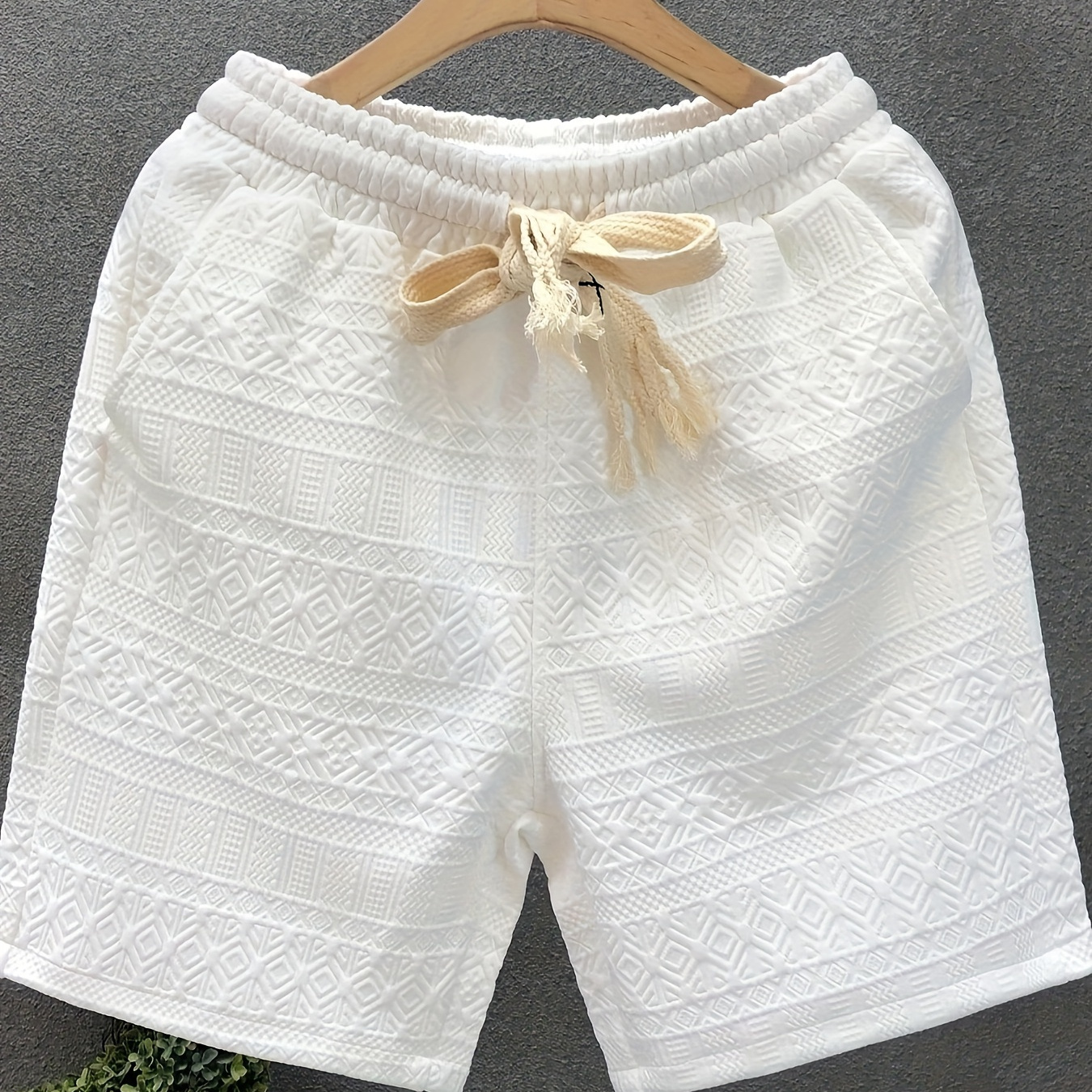 

Men's Casual Drawstring Shorts, Comfortable Drawstring Waist Summer Breathable Textured Fabric Shorts, Outdoor Beach Wear