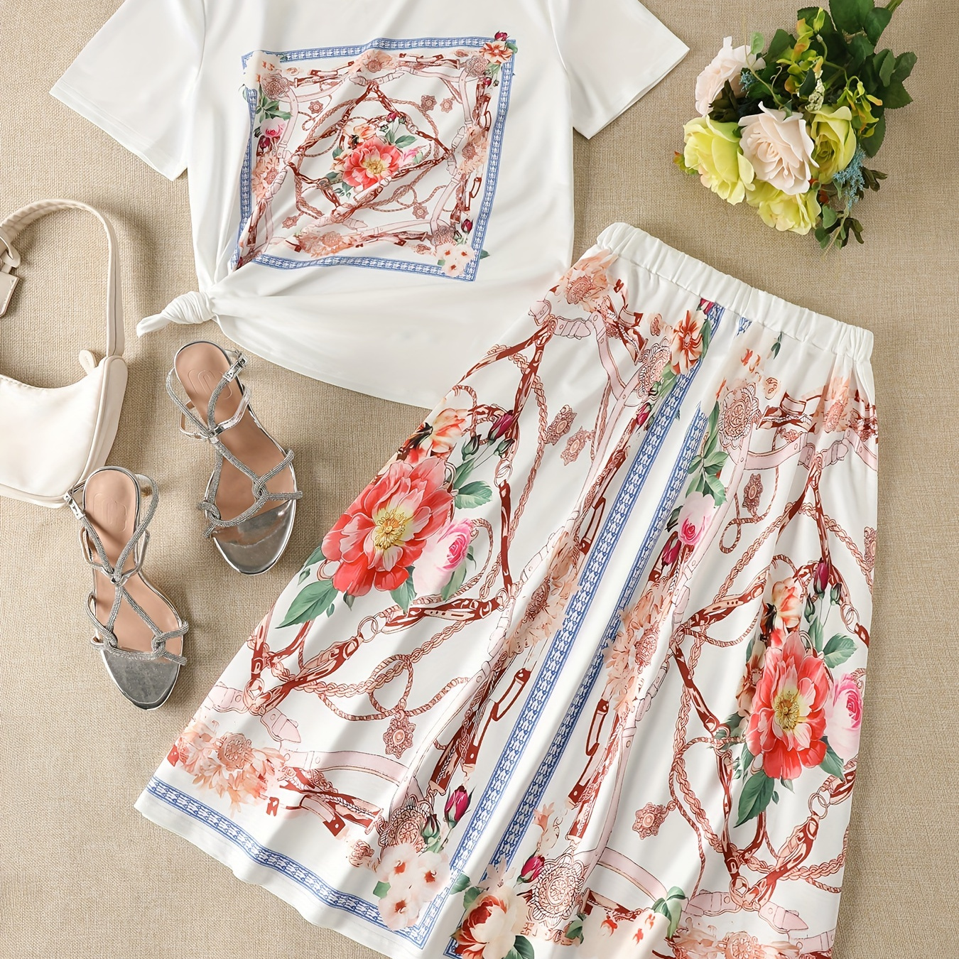 

Floral Print Two-piece Skirt Set, Short Sleeve Crew Neck Top & Elastic Waist Skirt Outfits, Women's Clothing