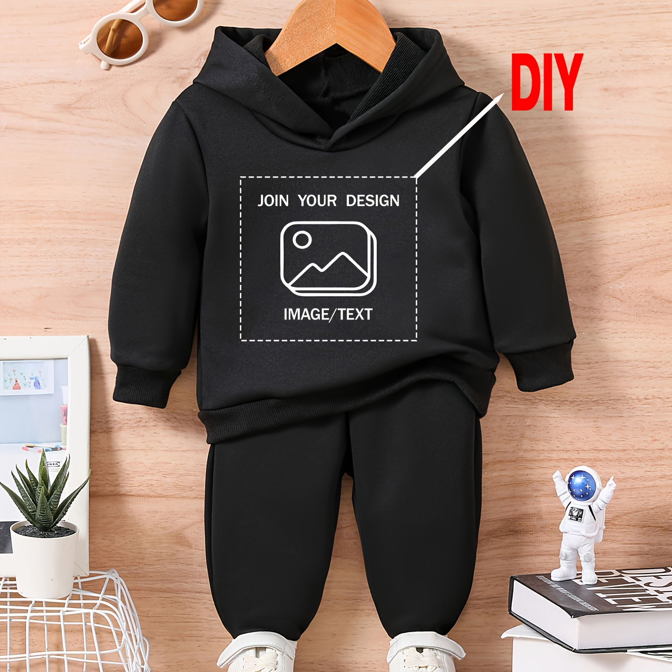 

Customizable Toddler Hoodie Set, Boys Fashion Casual Polyester Outfit, Loose Fit, Knit With Random Print, For Fall/winter, Personalized Design With Image/text Option, For Outdoor