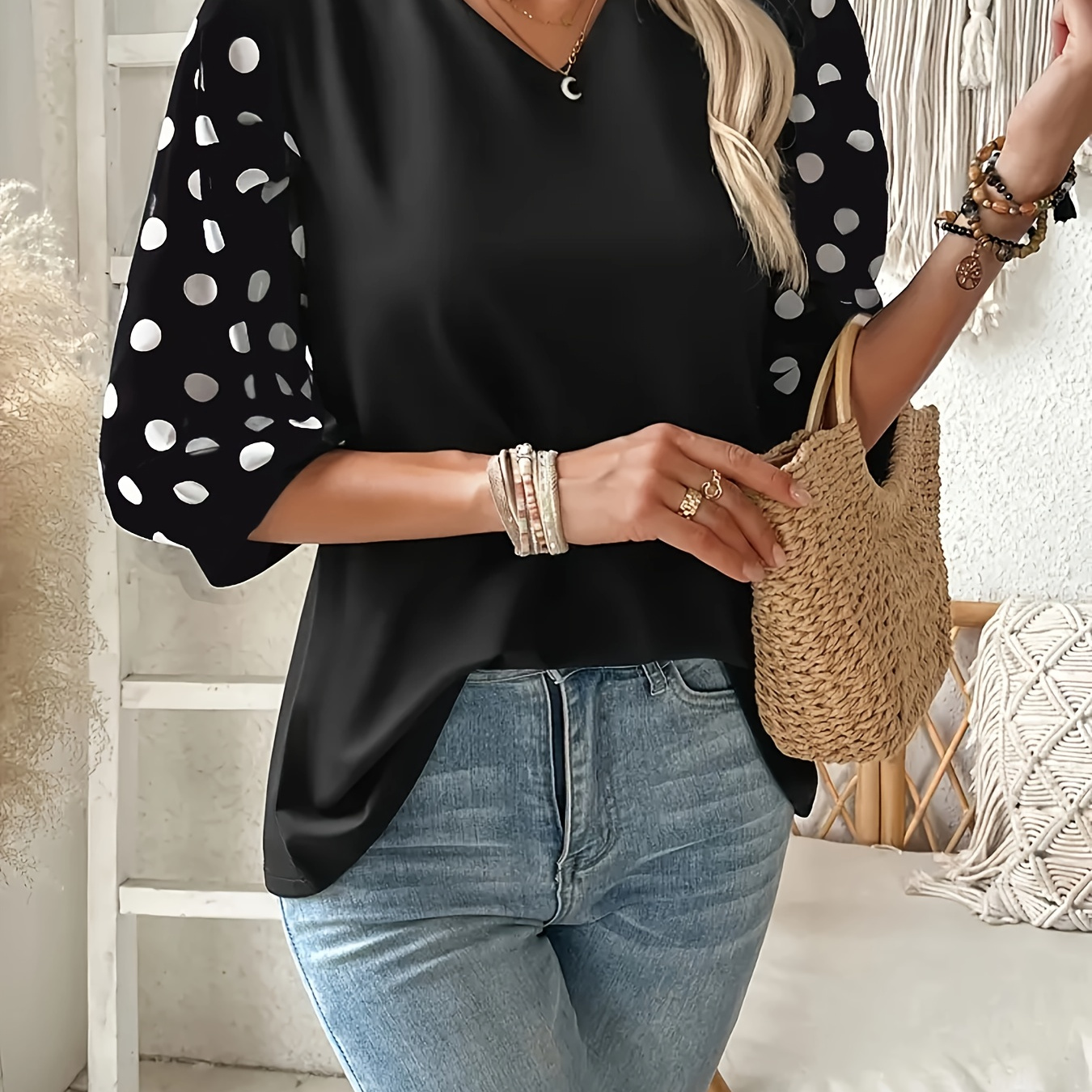 

Plus Size Polka Dot Print Blouse, Casual V Neck Short Sleeve Blouse For Summer, Women's Plus Size clothing