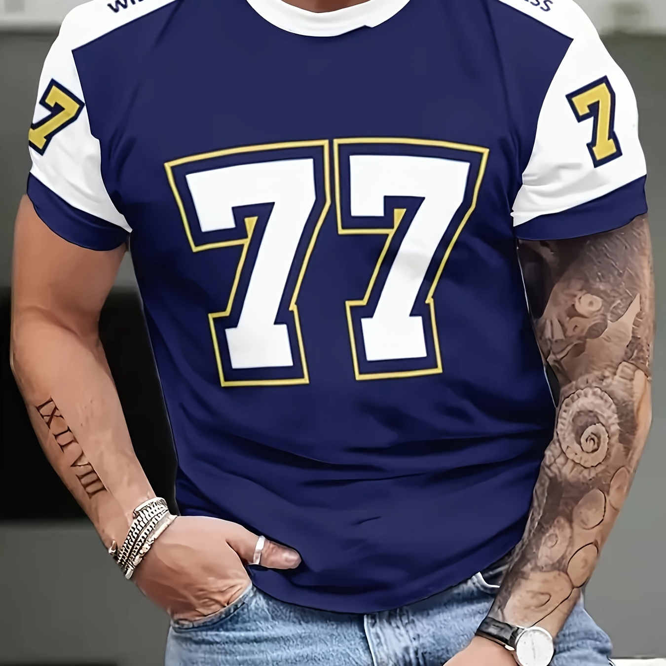 

Number 77 Print T-shirt, Men's Comfy Short Sleeve Crew Neck Tee, Men's Clothing For Summer