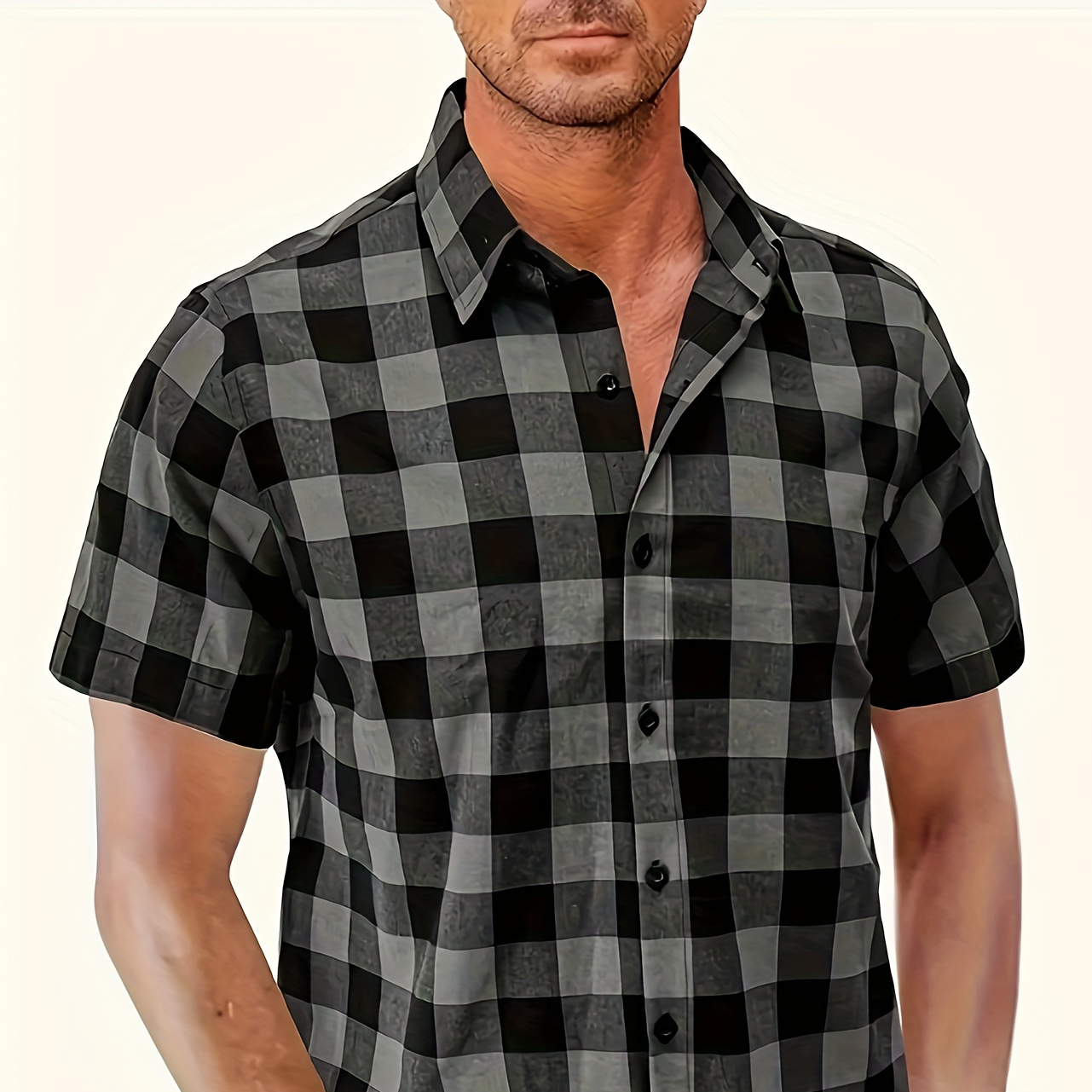 TEMU Men's Short Sleeve Button Up Plaid Shirt, Classic Style, Casual All-match Shirt, Versatile For Casual Wear