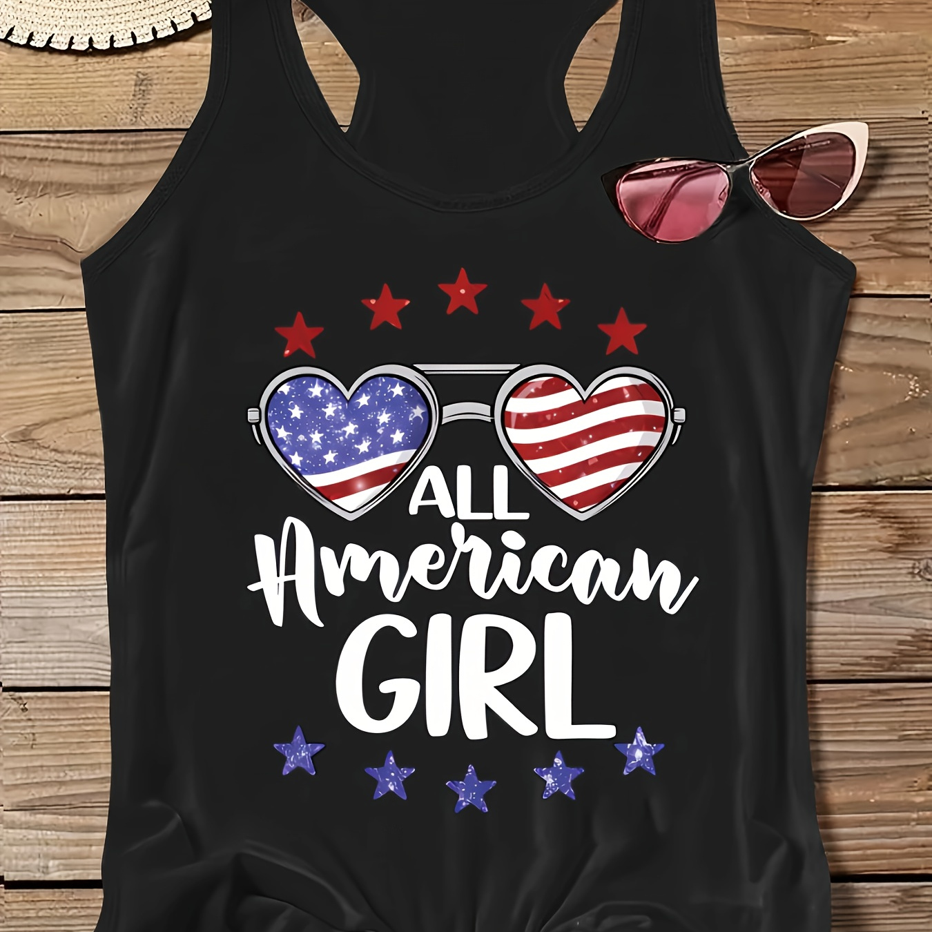 

Plus Size Flag Glasses & Letter Print Tank Top, Casual Crew Neck Sleeveless Top For Summer, Women's Plus Size Clothing