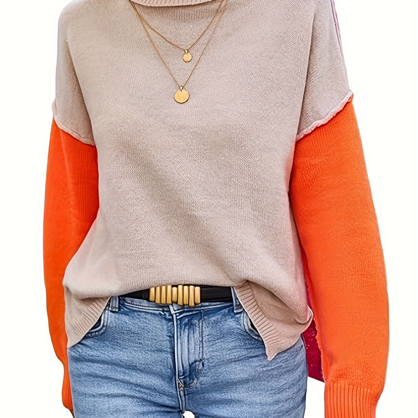 

Color Block Turtle Neck Sweater, Casual Drop Shoulder Long Sleeve Sweater For Fall & Winter, Women's Clothing