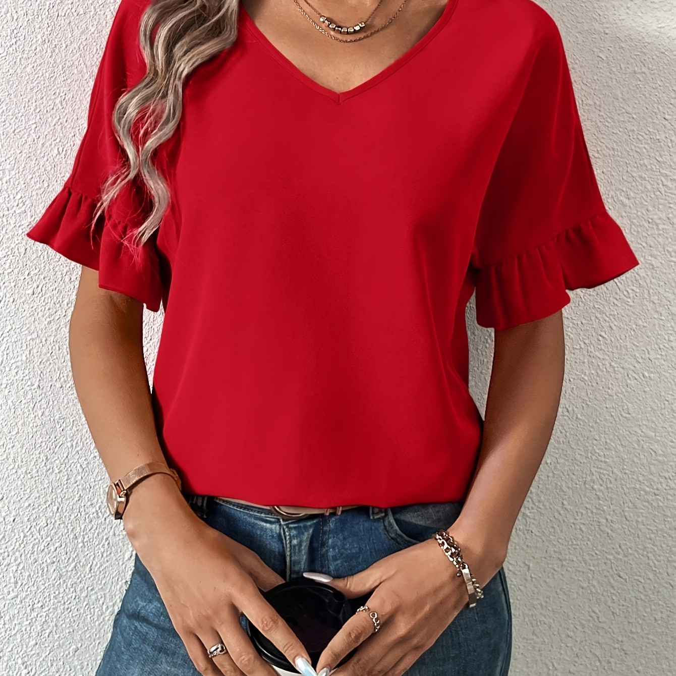 

Elegant Women's V-neck Blouse With Ruffle Sleeves - Solid Color, Polyester & Spandex , Machine Washable - Spring/summer/fall