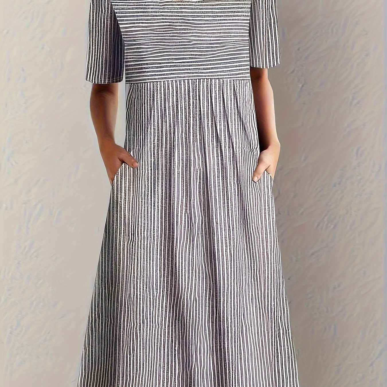 

Robe Midi Élégante à Manches Courtes et Col Rond à Imprimé Rayé, Facile à Entretenir, pour & l'Été, Vêtements pour Femmes