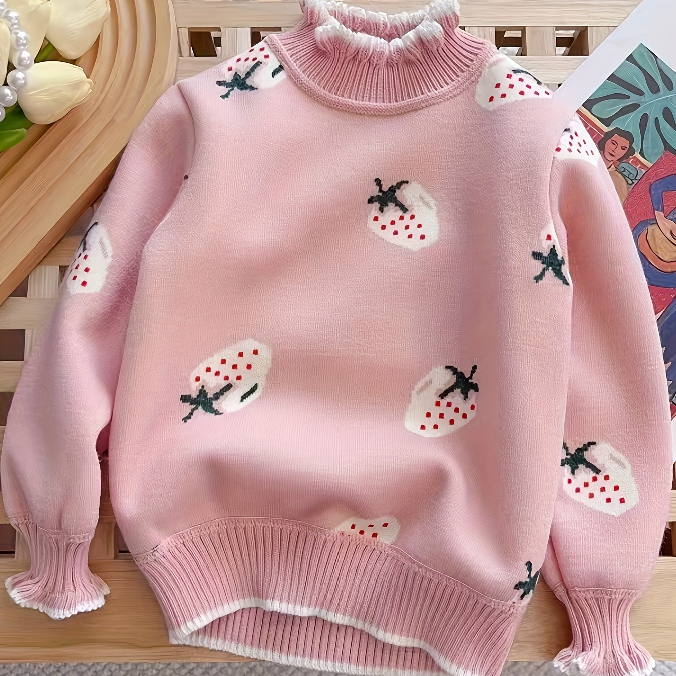 

Children's Pink Strawberry Knit Pullover Sweater - Casual Crew Neck, Polyester With Medium Stretch, Fall/winter Floral Pattern, Cozy & Warm For Kids Over 3 Years