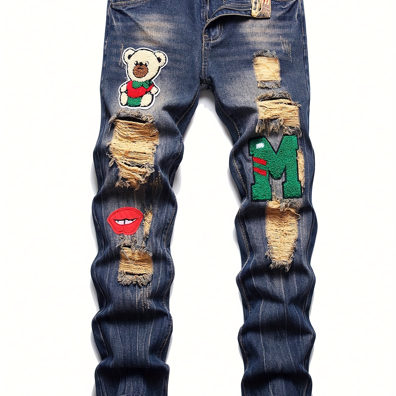 

Men's Bear & Letter Pattern Ripped Cargo Denim Pants, Street Style Stylish Leisure Jeans For Males