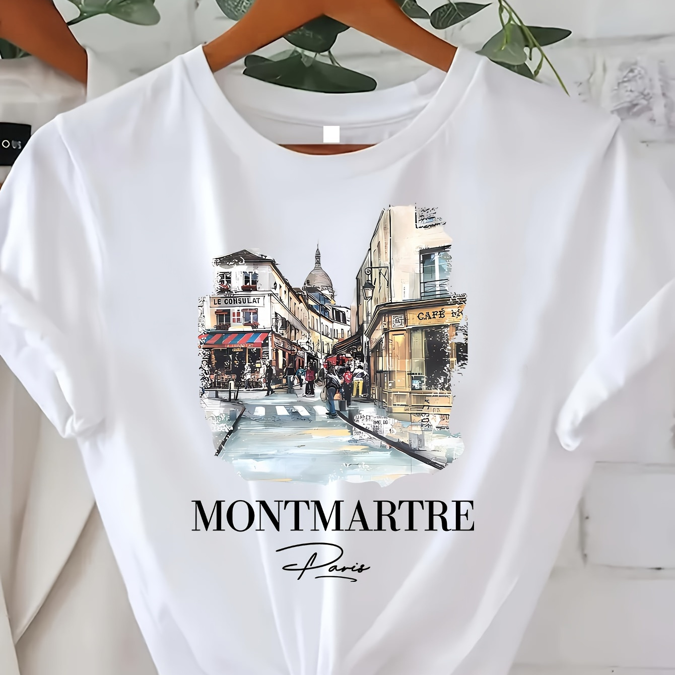 

Paris Print Crew Neck T-shirt, Short Sleeve Casual Top For Summer & Spring, Women's Clothing