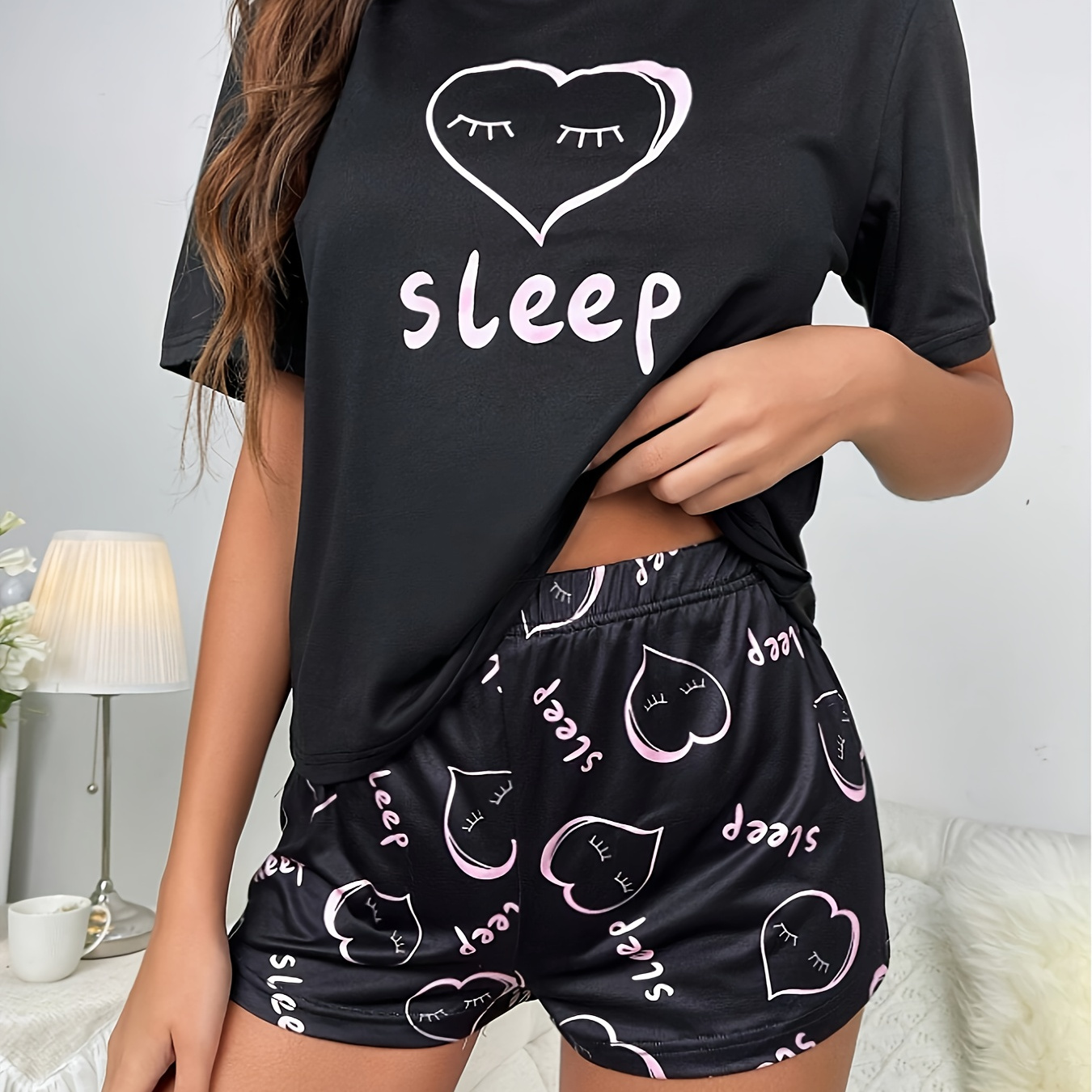 

Heart & Letter Print Pajama Set, Casual Short Sleeve Round Neck Top & Elastic Shorts, Women's Sleepwear