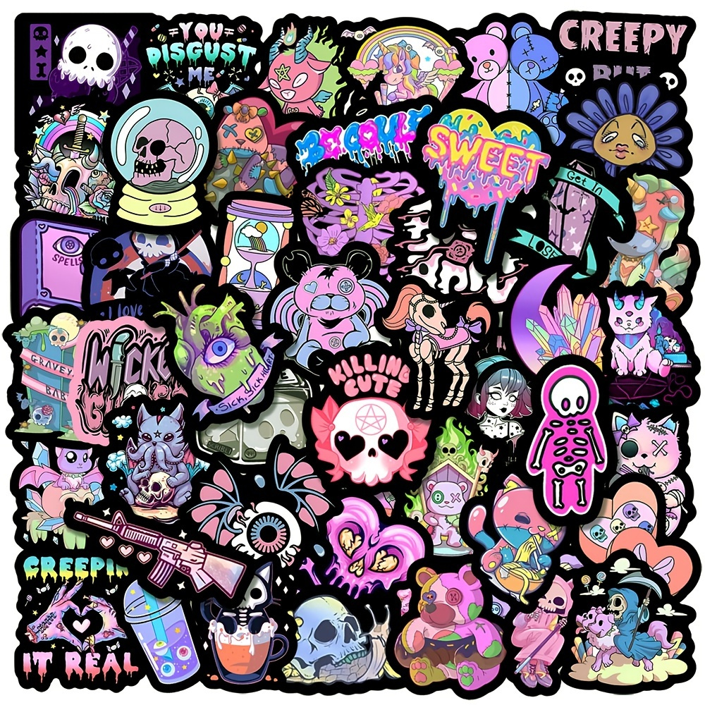 50pcs Purple Goth Series Stickers, Black Background Dark Cartoon Stickers For Journal Laptop Suitcase, Waterproof Halloween Graffiti Stickers