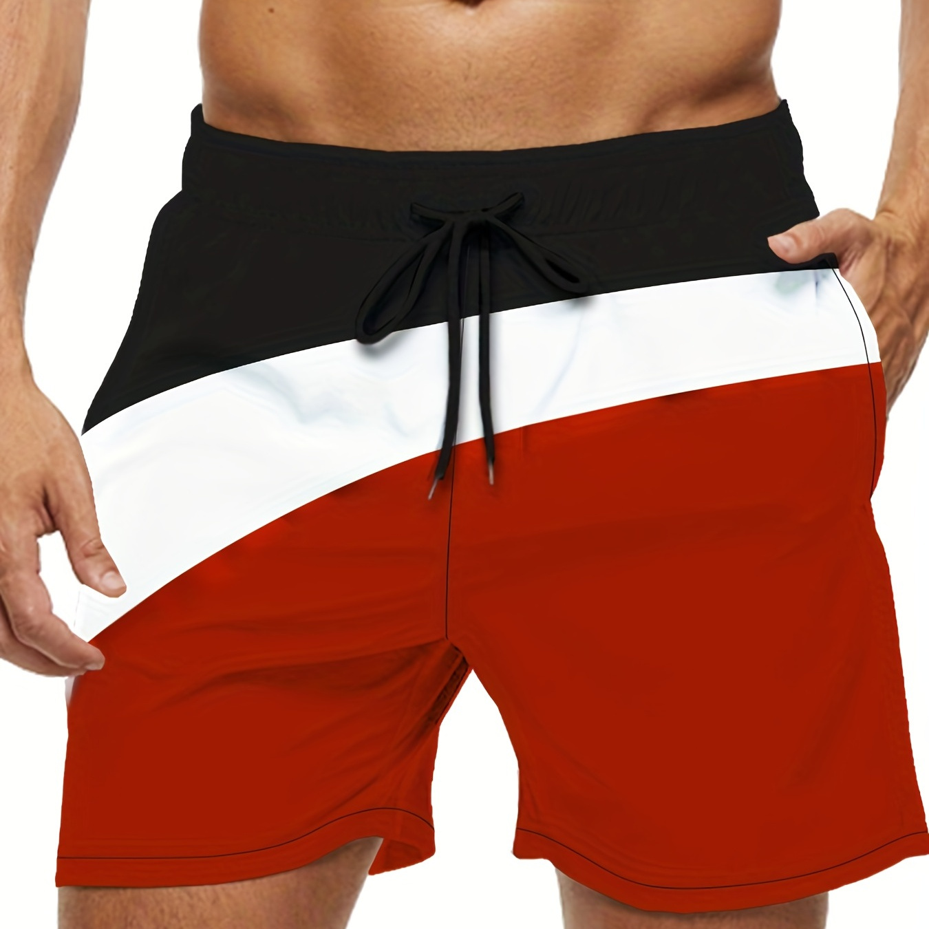 Plus Size Men's Casual Beach Shorts, Color Block Drawstring Shorts Swimming Running Sports Shorts Surfing Swimwear For Summer