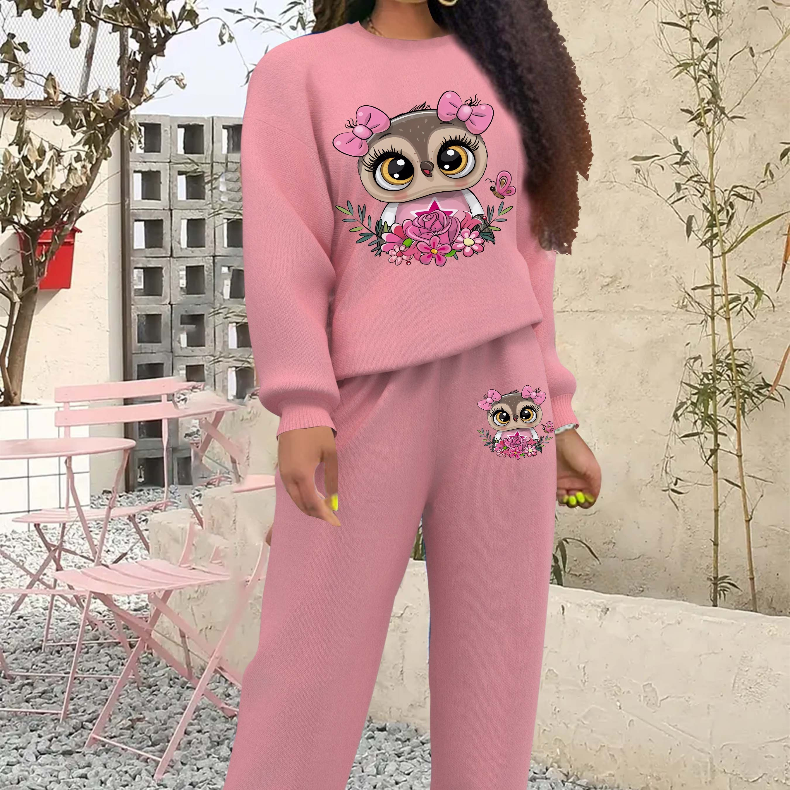 

Owl Print 2 Piece Set, Crew Neck Sweatshirt & Pants, Women's Clothing