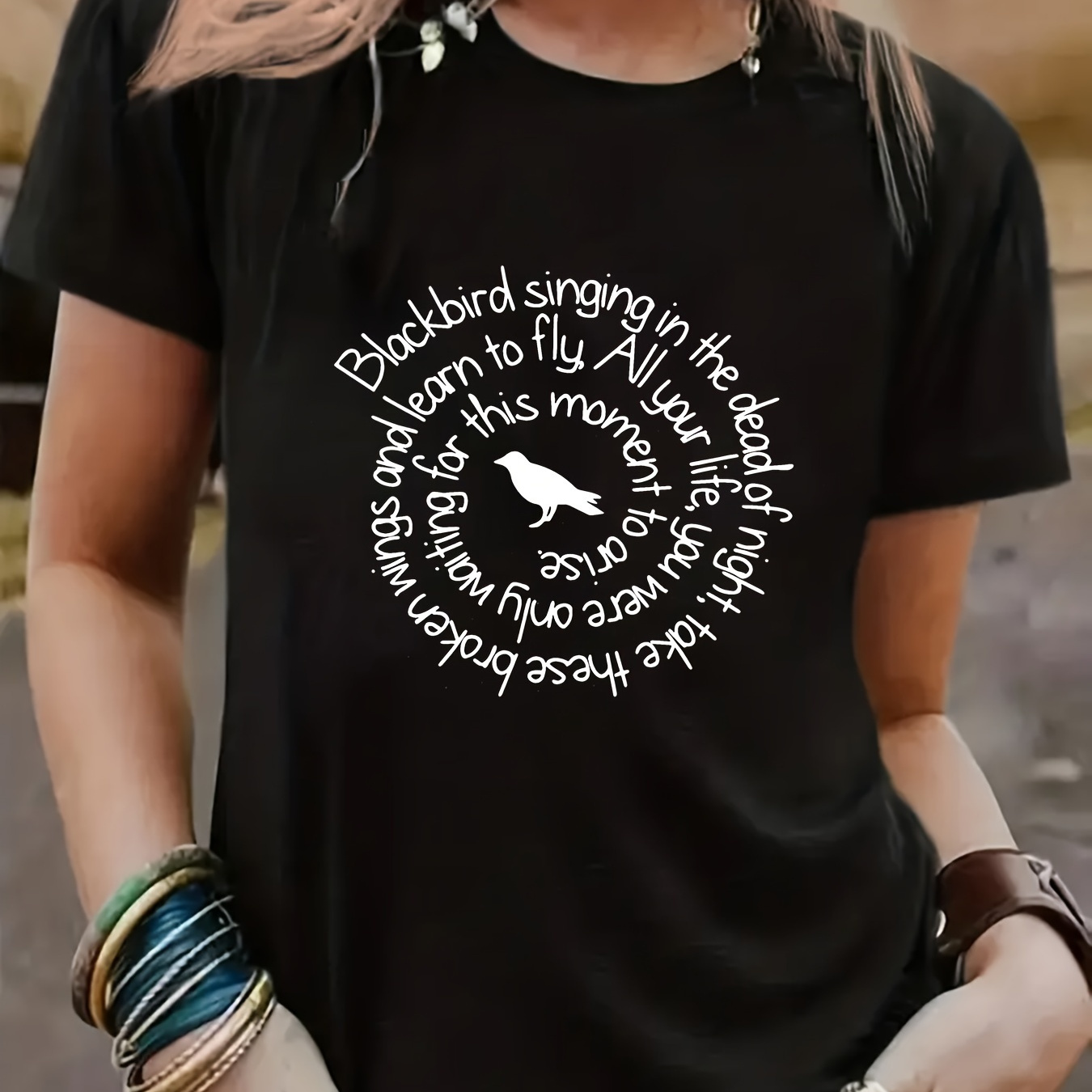 

Blackbird Letter Print T-shirt, Short Sleeve Crew Neck Casual Top For Summer & Spring, Women's Clothing