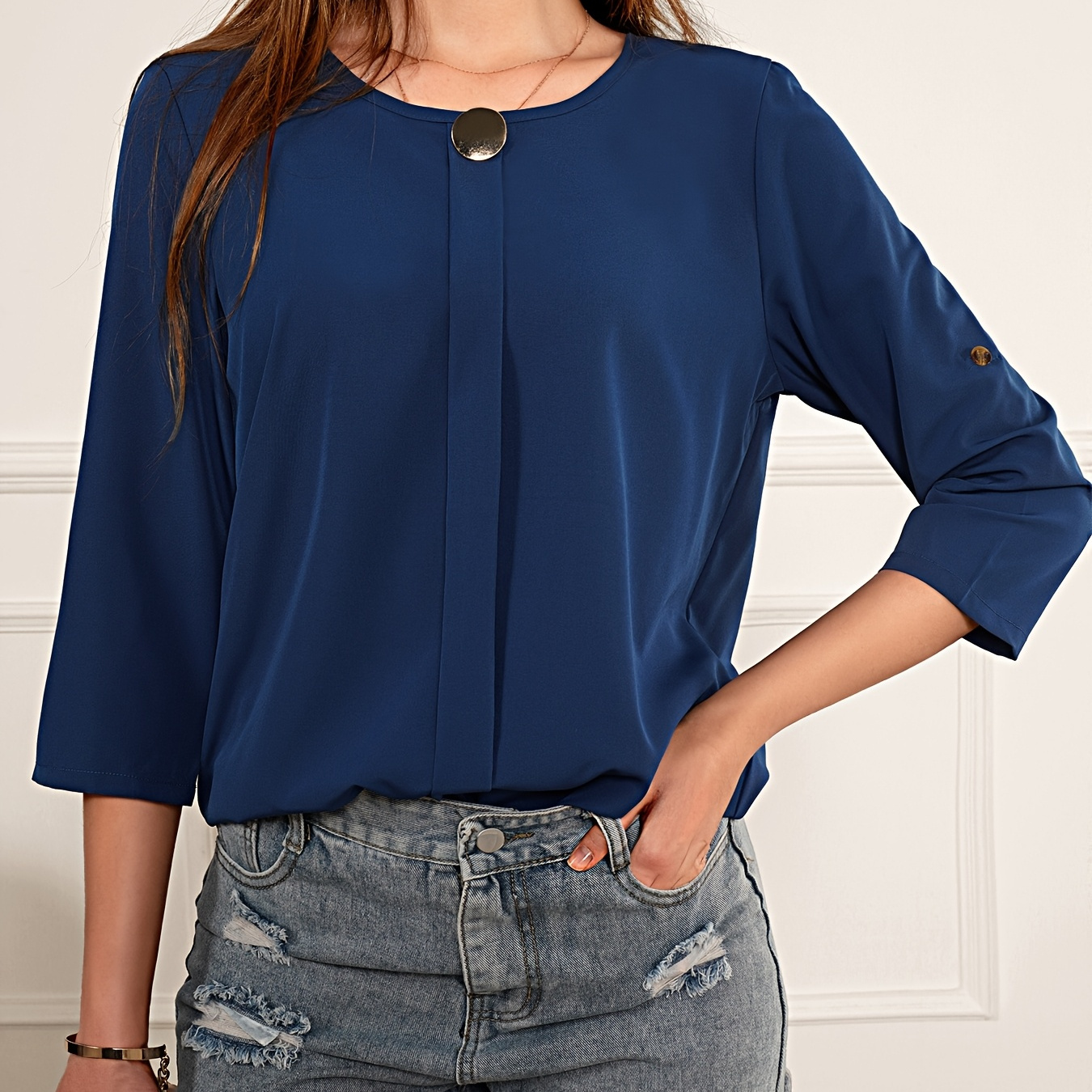 

Elegant Solid Color Round Neck Blouse With Rolled Short Sleeves, Polyester, Machine Washable, Ideal For Spring/autumn - Women's Fashion, Spring Fashion|round Neckline Blouse|quilted Cuff Sleeves