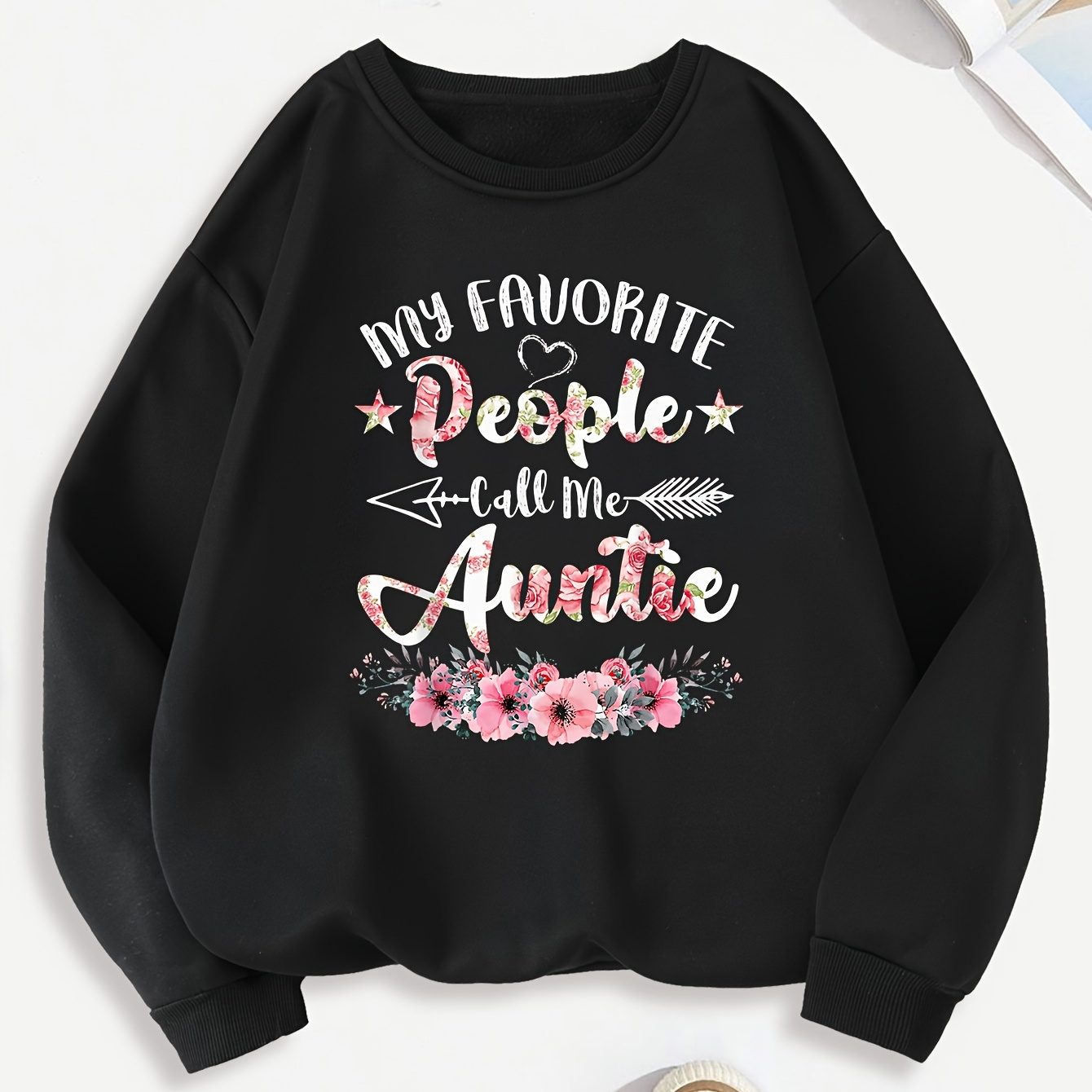 

Auntie Letter And Flower Graphic Round Neck Sweatshirt, Long Sleeves Pullover Sports Tops, Women's Activewear