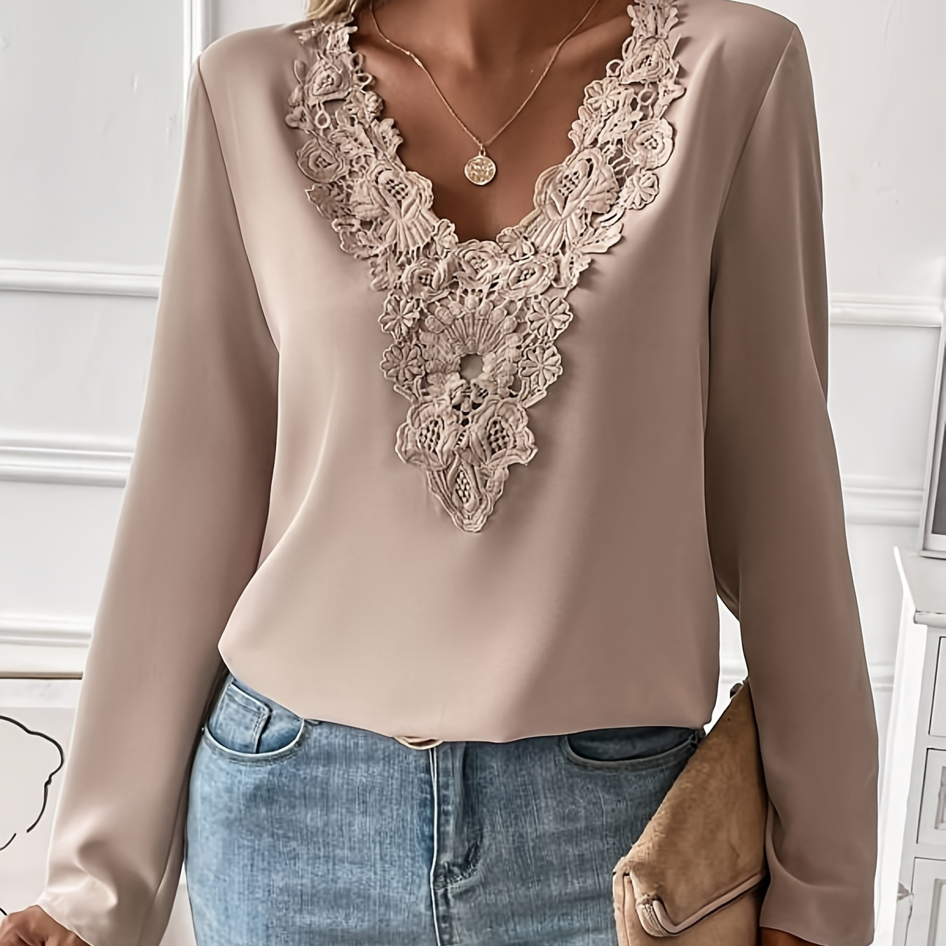 

Solid Lace Stitching V-neck Blouse, Vintage Long Sleeve Blouse For Spring & Fall, Women's Clothing