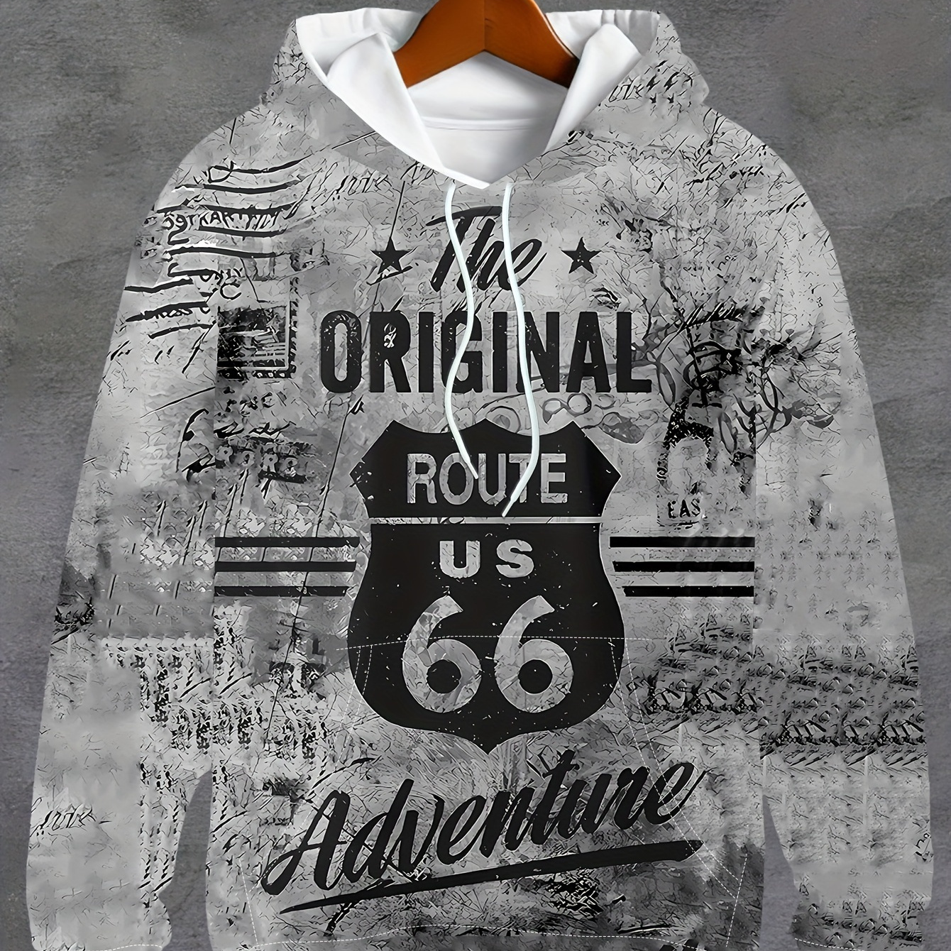 

Retro Style The Original Route 66 Adventure Print Hooded Sweatshirt With Kangaroo Pocket, Men's Sports Hoodie For Winter And Fall Street Wear