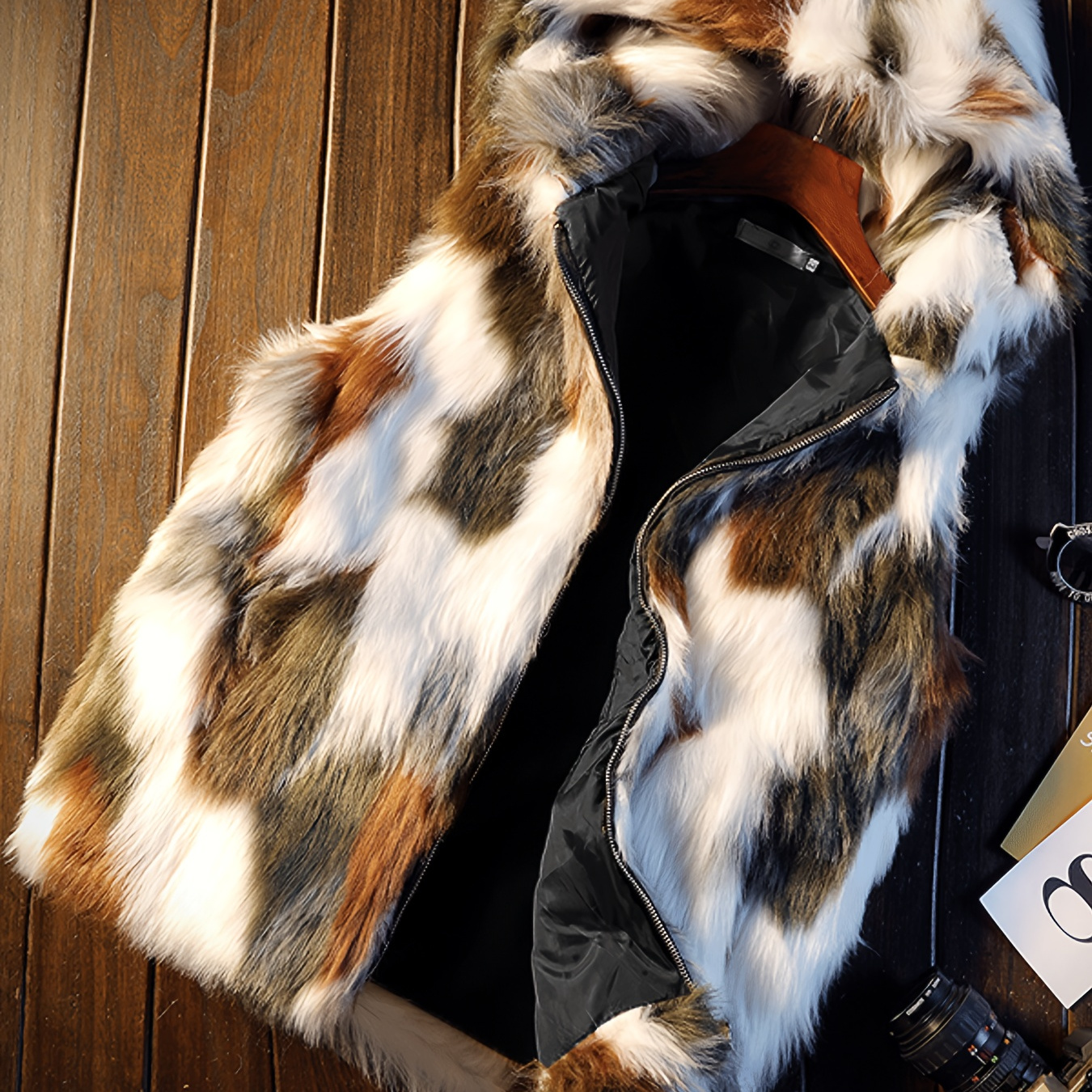 

Men's Fashion Color Block Hooded Faux Fur Vest Jacket Casual Polyester Zippered Sleeveless Regular Fit Non-stretch Fall/winter Weave