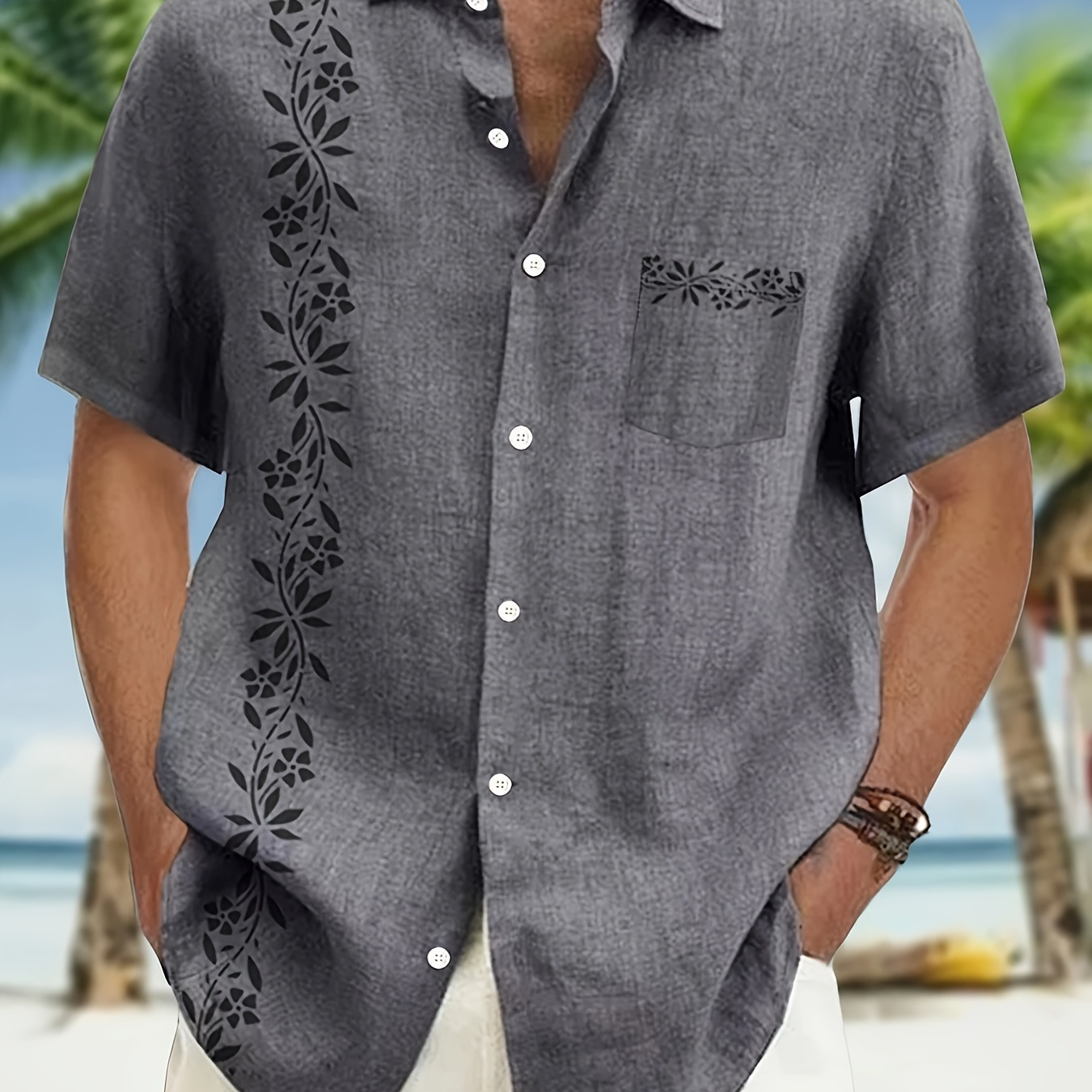 

Men's Trendy Hawaiian Lapel Collar Graphic Shirt With Stylish Leaf Pattern Print, Versatile For Summer Vacation And Casual Wear