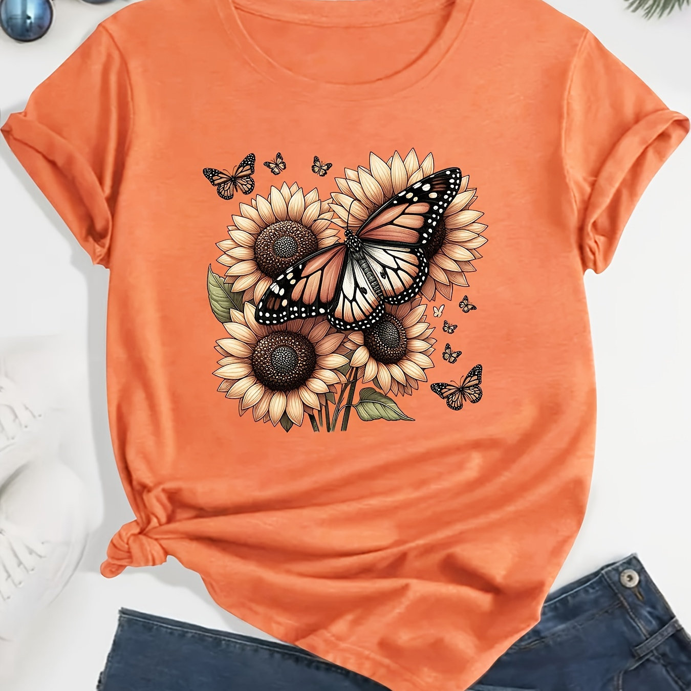 

Women's Plus Size Orange T-shirt With Vintage Butterfly & Sunflower Print, Casual Loose Fit, Top For Outdoors