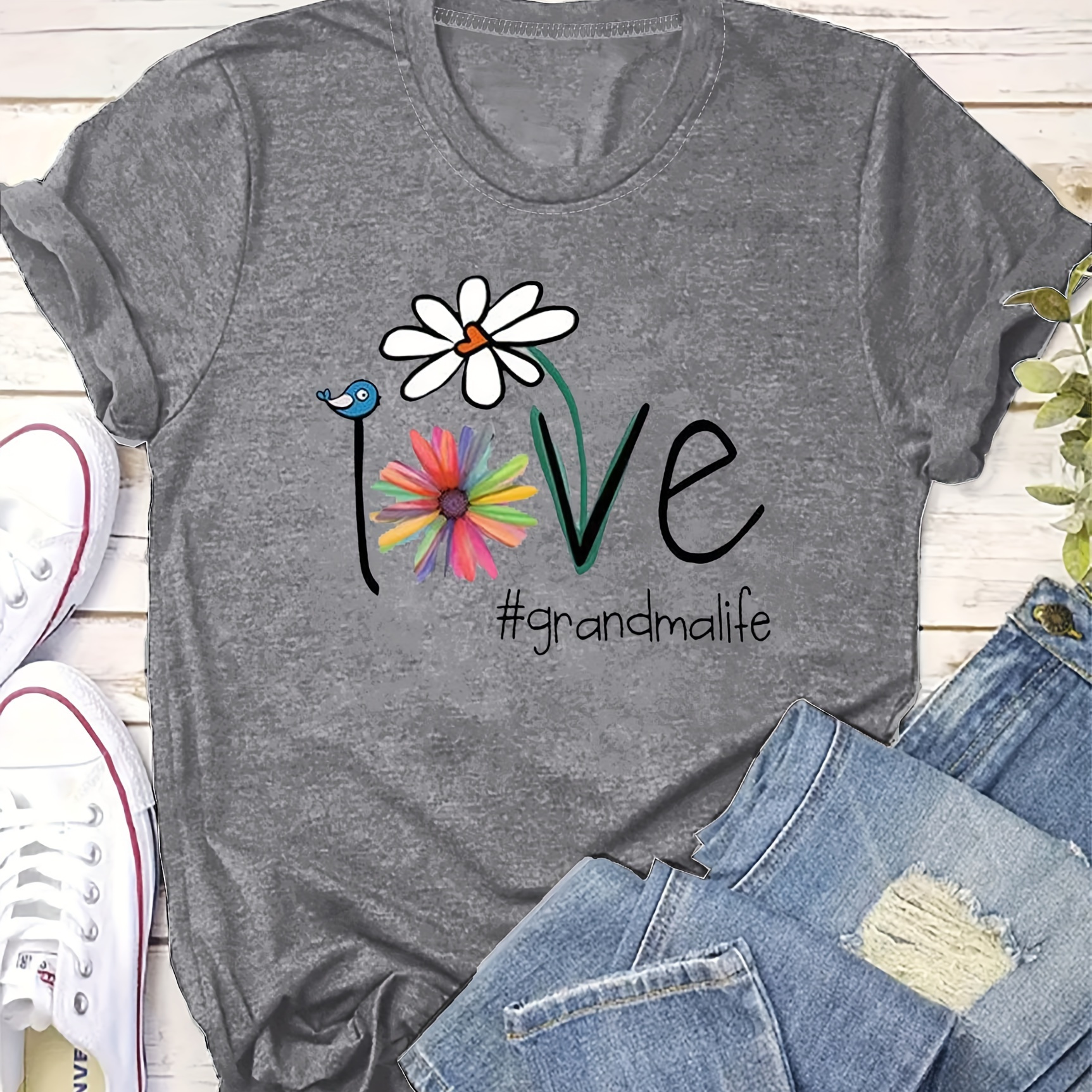 

Love & Floral Print T-shirt, Short Sleeve Crew Neck Casual Top For Summer & Spring, Women's Clothing