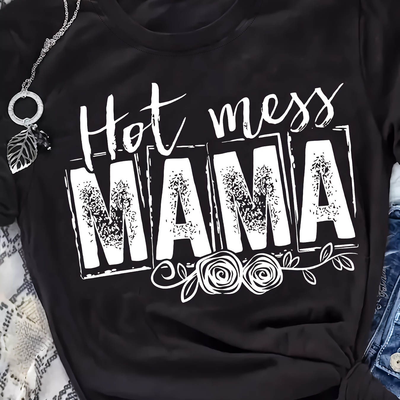 

Plus Size Mama Print T-shirt, Casual Short Sleeve Top For Spring & Summer, Women's Plus Size Clothing