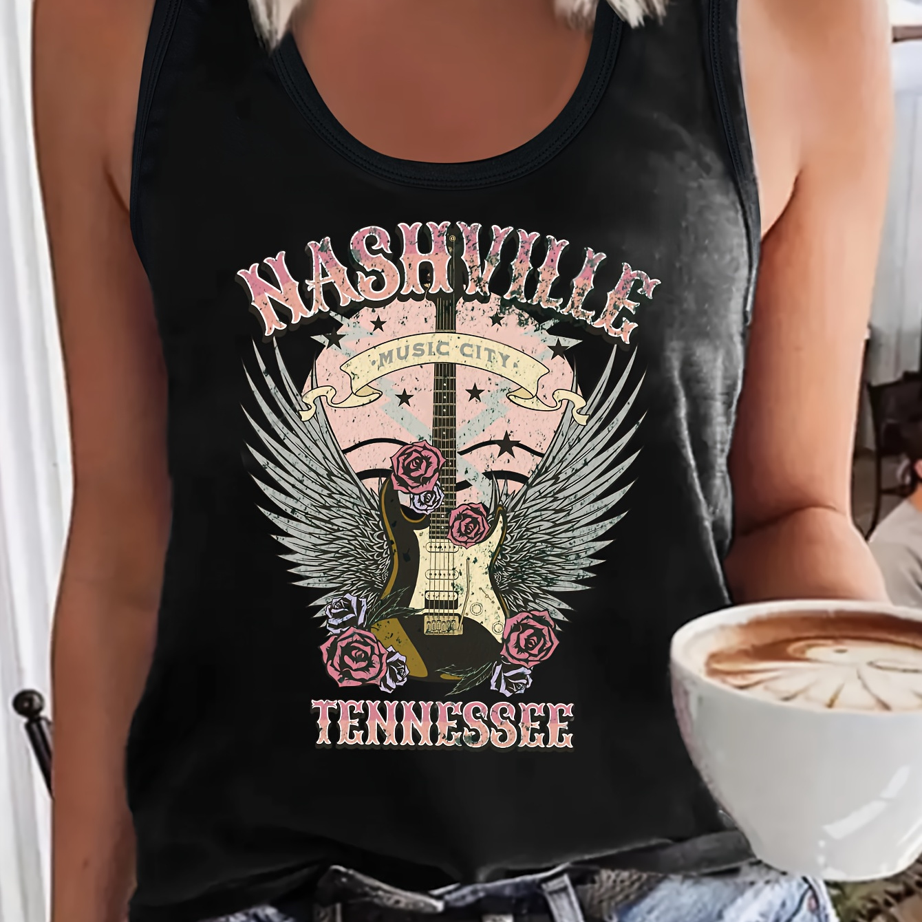 

Guitar Print Tank Top, Sleeveless Casual Top For Summer & Spring, Women's Clothing