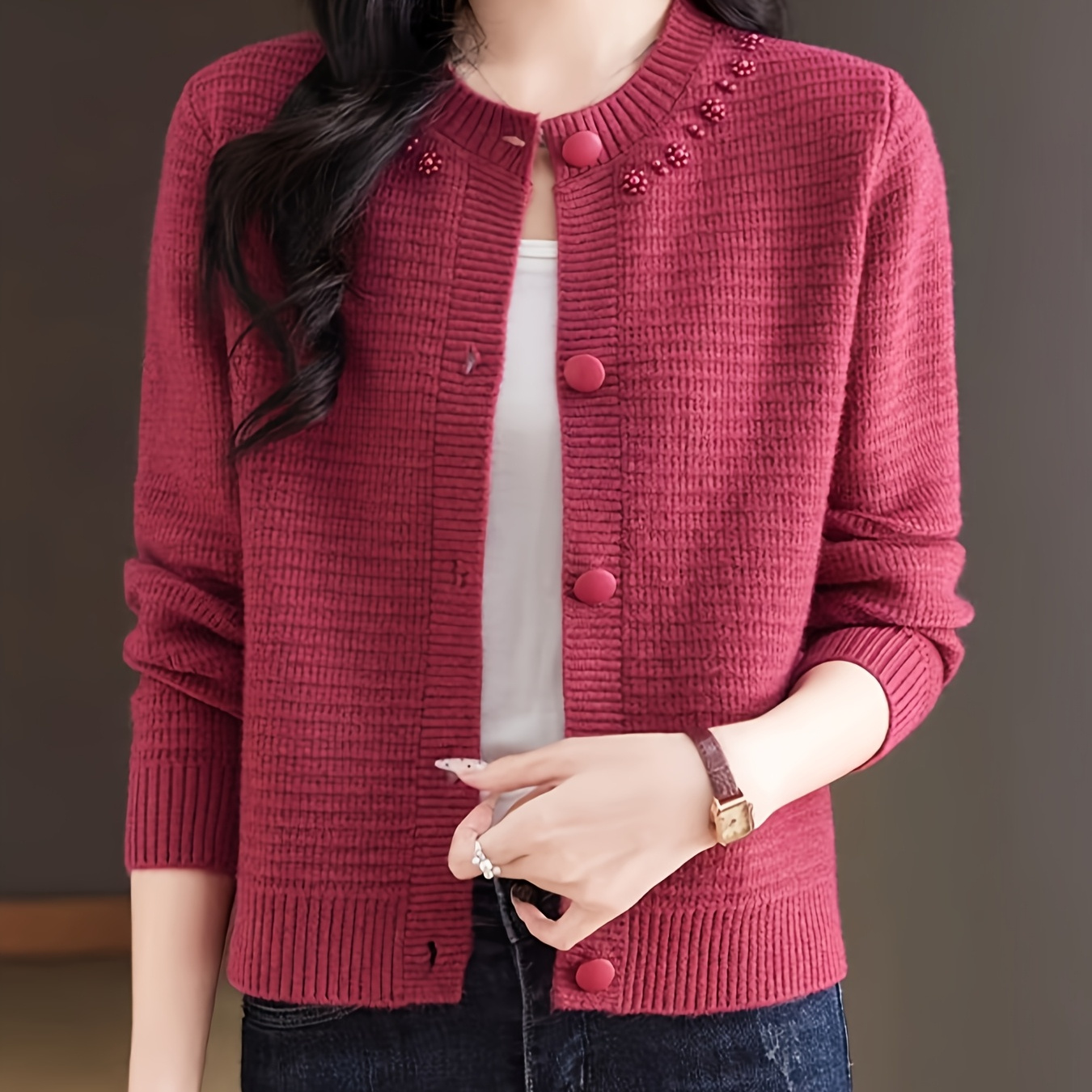 

Elegant Beaded Solid Color Cardigan - Cozy Long Sleeve Knit Sweater With Button Detail, Machine Washable - All