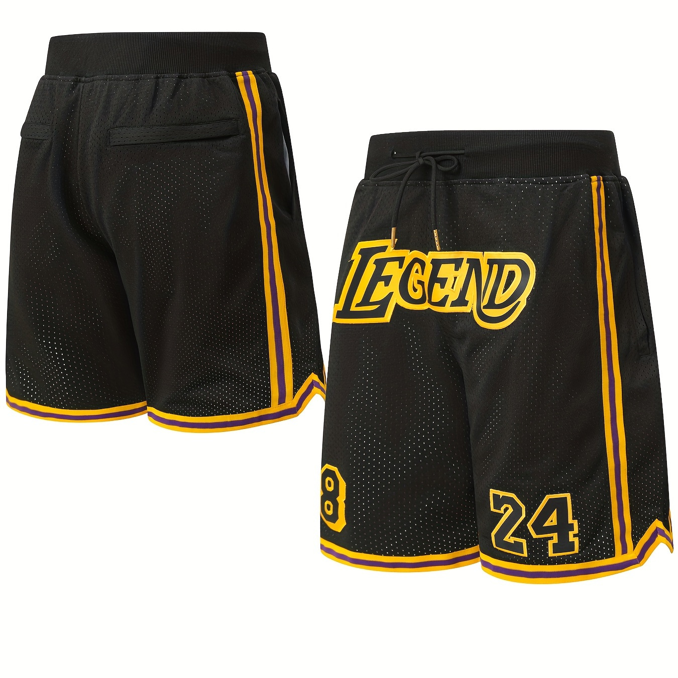 

Men's Black #8-24 Legend Design Basketball Shorts, Casual Fashion Breathable Sports Style Shorts, Athletic Wear