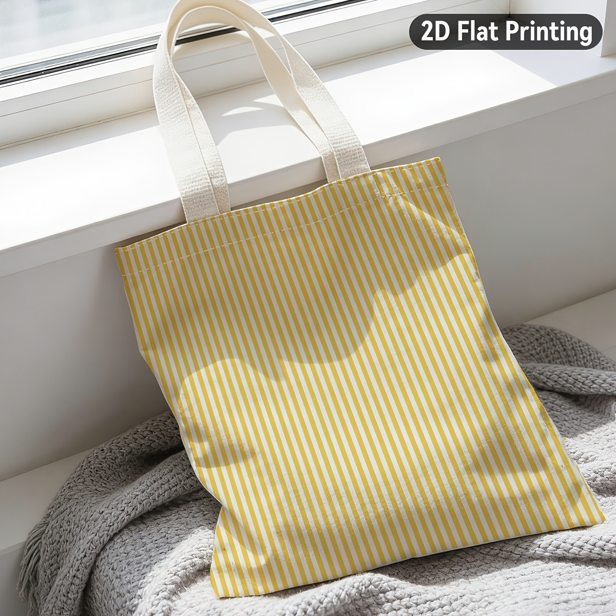 TEMU 1pc & White Vertical Striped Tote Bag - Minimalist Durable Handbag Suitable For Grocery Shopping, Beach Trips, Office Commute, Casual , Lemon