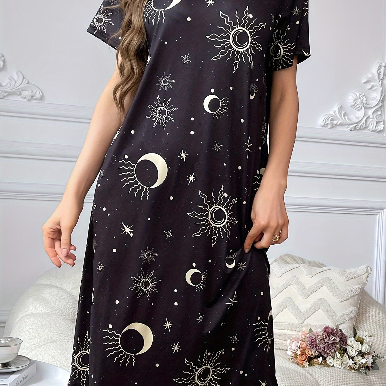 

Women's Sun & Moon Print Casual Sleepwear Dress, Short Sleeve Round Neck Tee Dress, Comfortable Nightgown