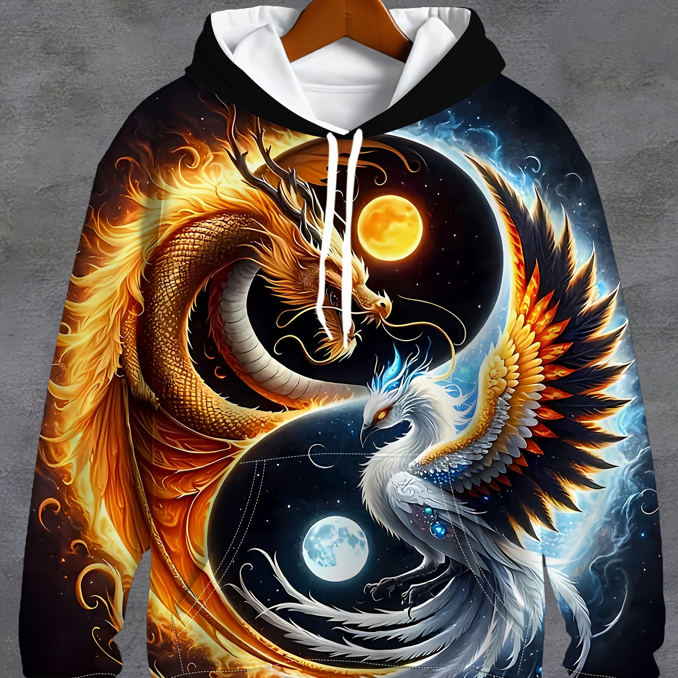 

Men's 3d Dragon & Phoenix Print Hoodie - Casual Long Sleeve With Drawstring Pocket, Fashionable Pullover For Fall/winter