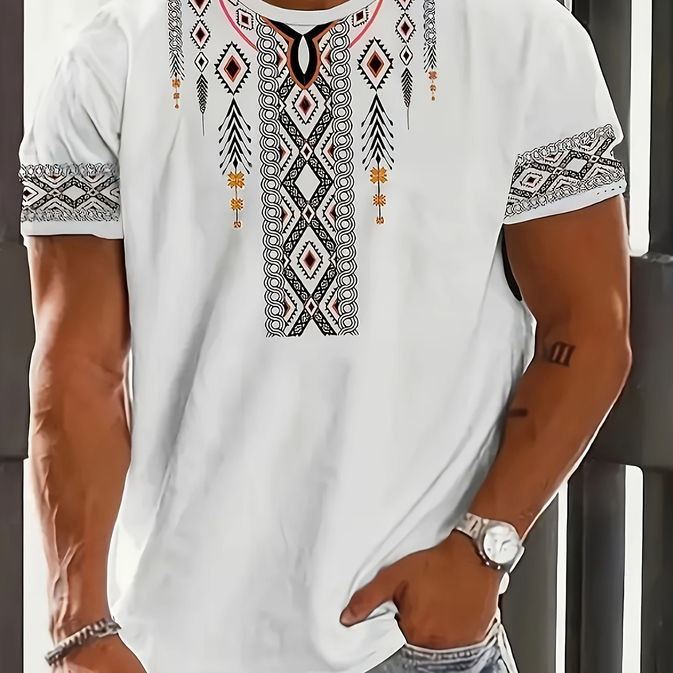 

T-shirt décontracté pour homme été à manches courtes avec motif ethnique, tissu tricoté polyester, col rond, design imprimé, haut de mode unisexe pour adultes pour et en vacances