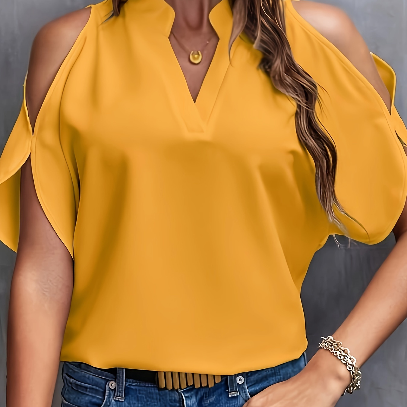 

Plus Size Solid Cold Shoulder Top, Elegant Half Sleeve Notched Neck Top, Women's Plus Size Clothing